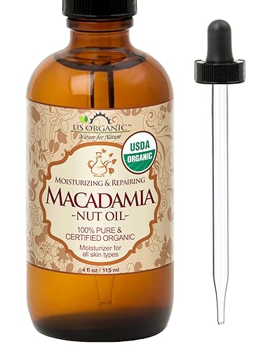 US Organic Aceite de nuez de macadamia virgen sin refinar, certificado orgánico, puro y natural, prensado en frío, en botella de vidrio ámbar con