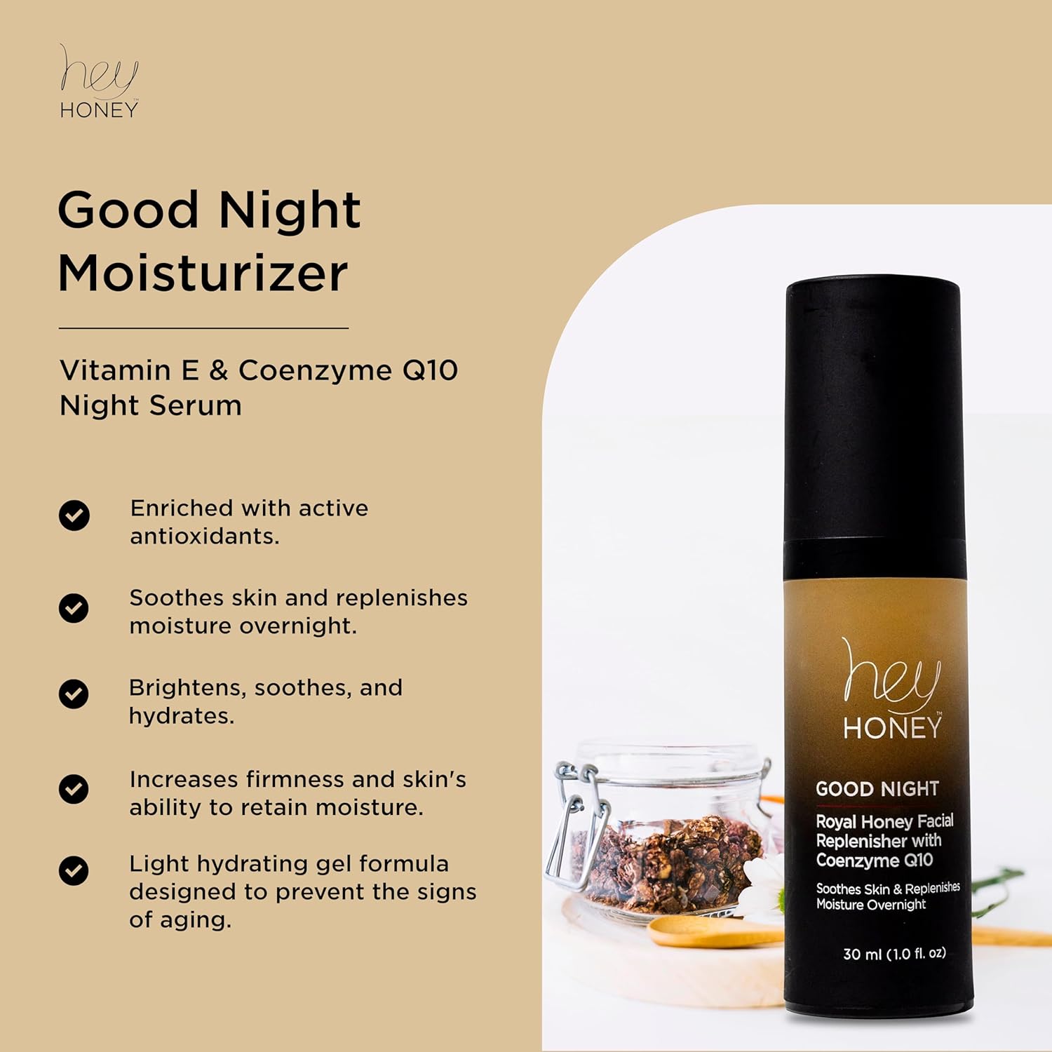 Hey Honey Skincare Good Night Moisturizer For Face Royal Honey Facial Replenisher with Coenzyme Q10 | A Lavish Night Time Repair Designed To Improve Moisture Retention | 1 Oz - Image 3