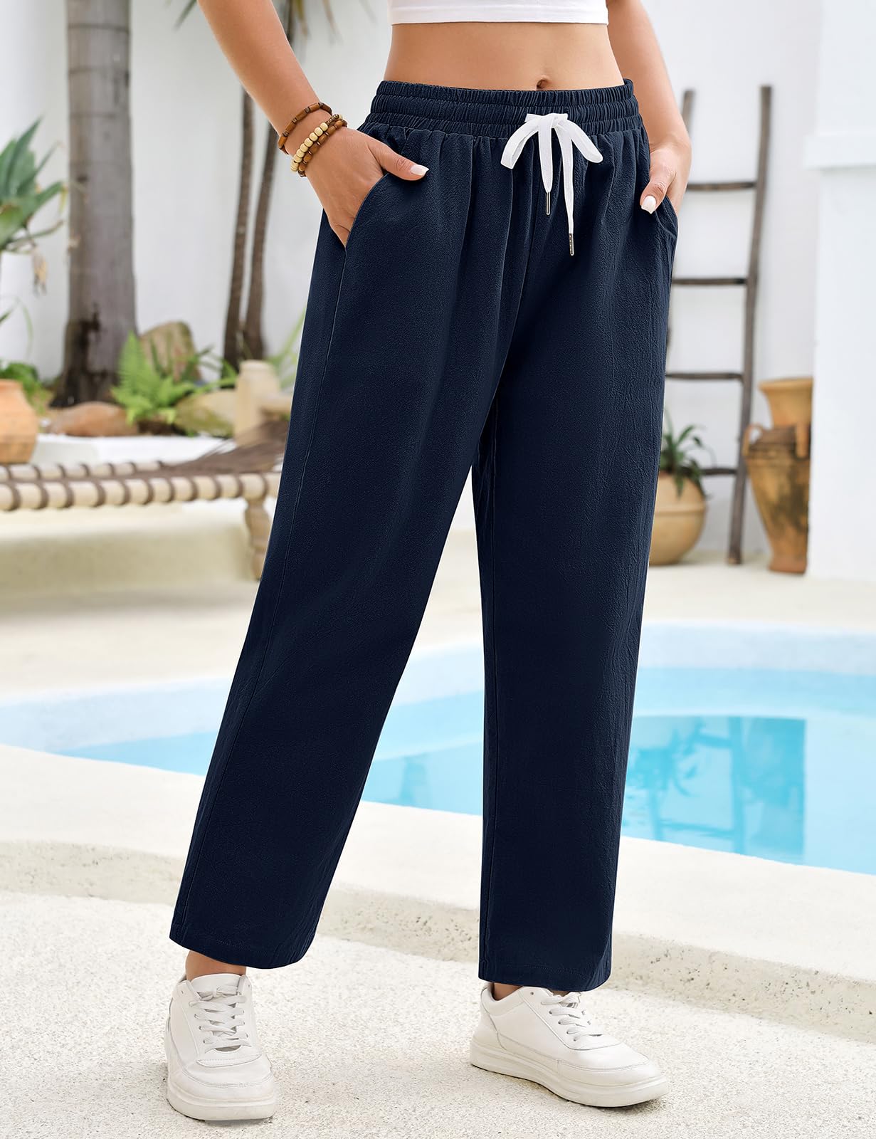 CMTOP Pantalones Mujer Verano Cintura Elástico Casual Pantalones Ligero Algodón 7/8 Pantalon Anchos Suelto Cómodos Flojo Playa Pantalón Pirata con Bolsillos
