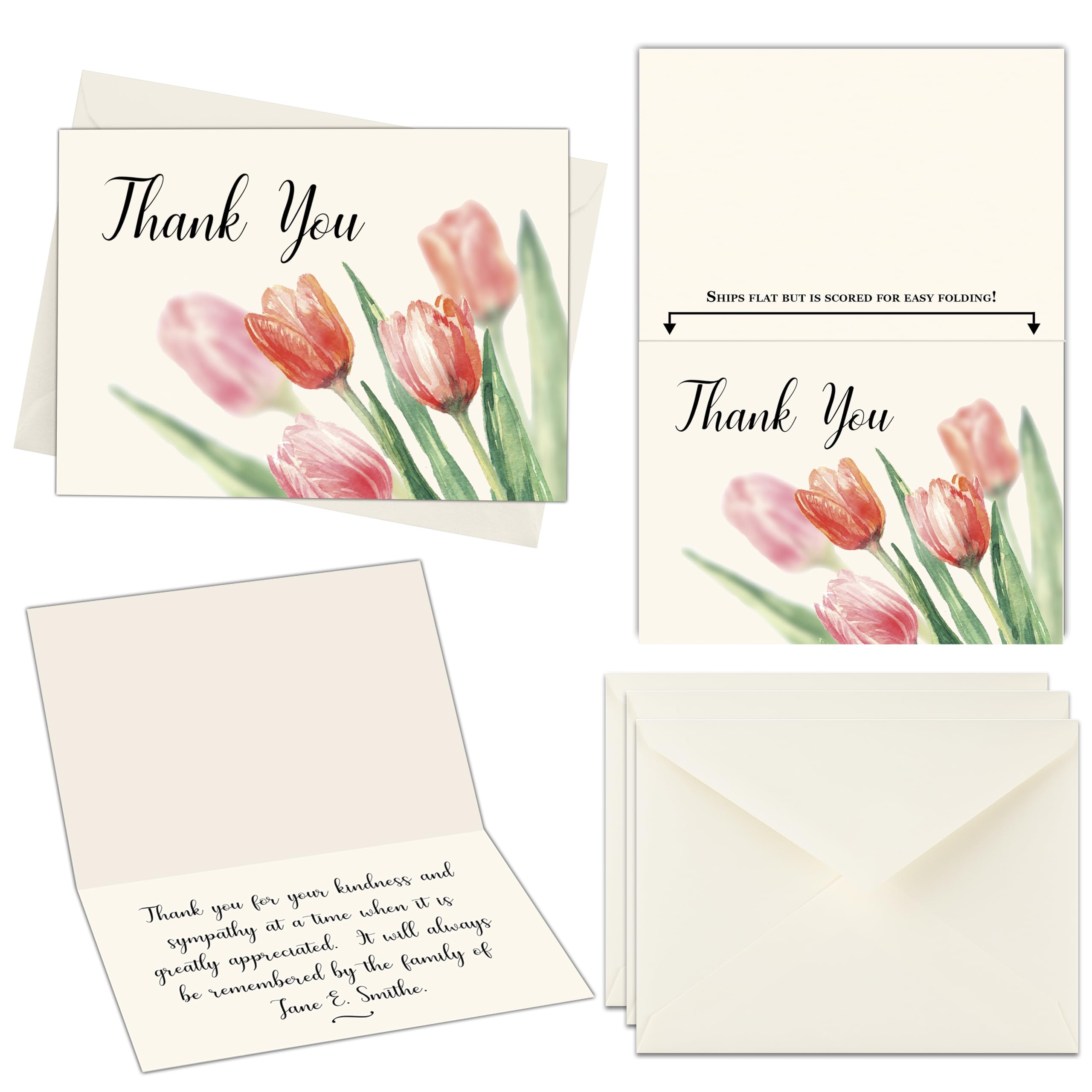 MPC Brands Customized Personalized Funeral Bereavement Thank You Cards With Envelopes - Set of 50 (Custom Tulip)