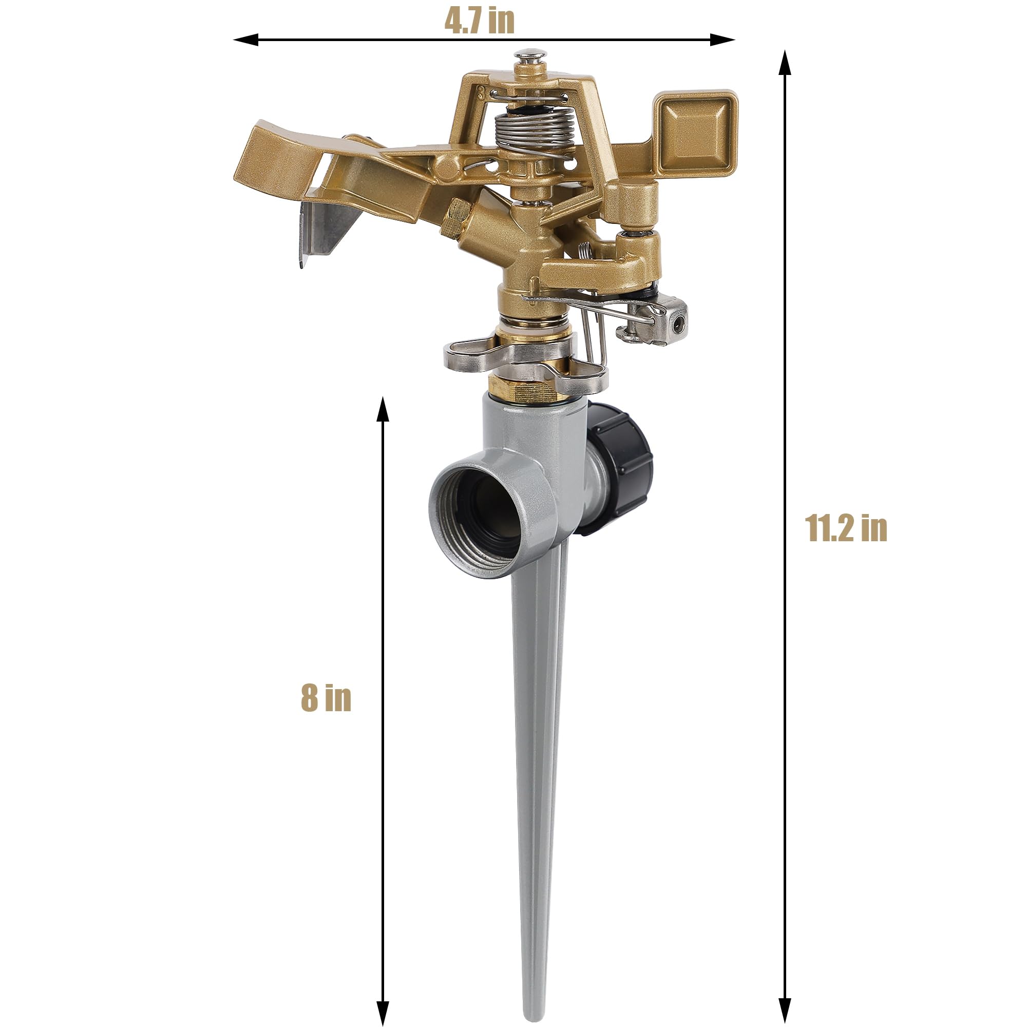 Biswing Paquete de 2 aspersores de Impacto de latón con Soporte (Pico), Cabezal de aspersor de césped Resistente en Base de Punta de aleación de Zinc, aspersor de riego Ajustable para áreas Grandes,