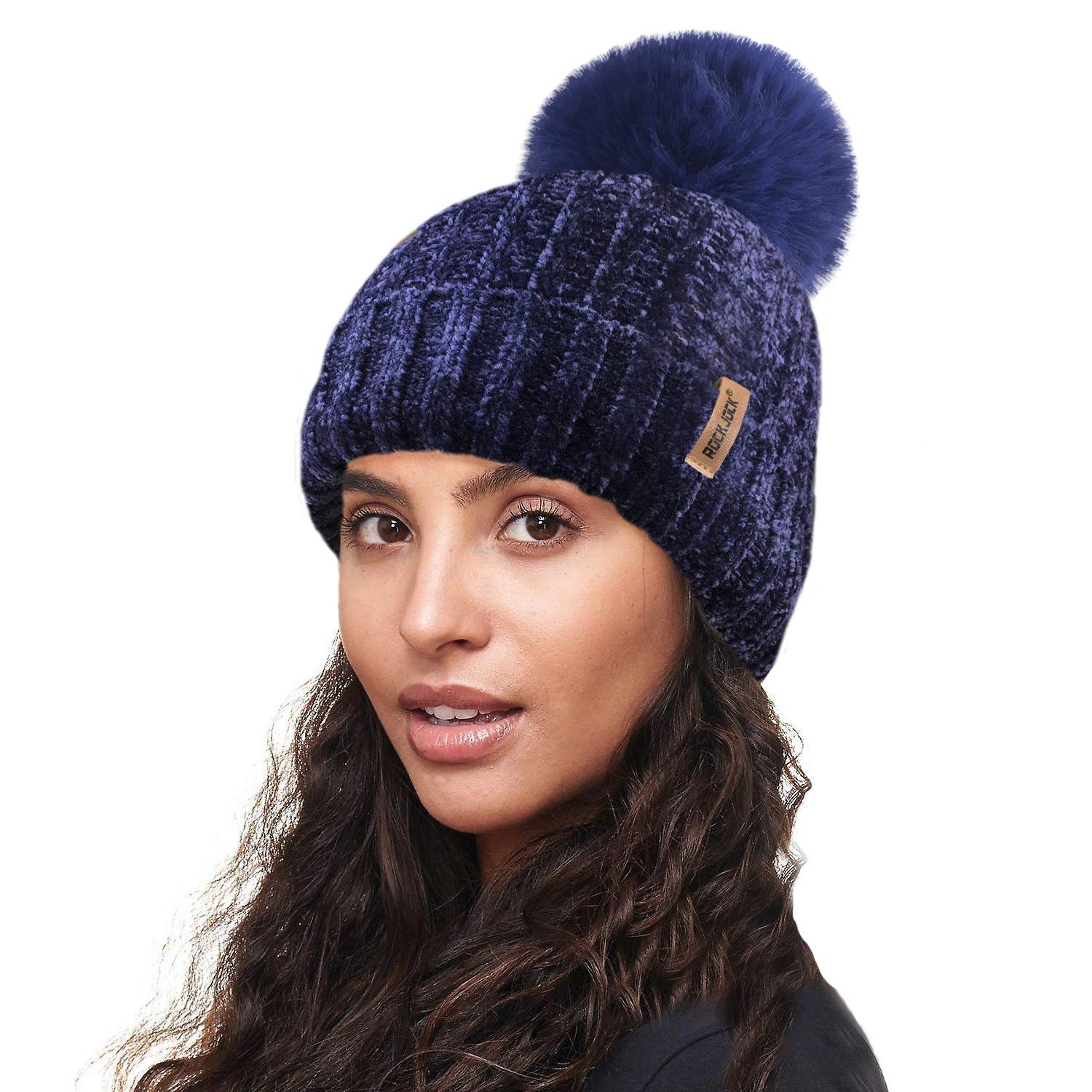 Rockjock Women's Navy R80 Ultra Soft Velvet Chenille Rib Hat With Insulating Warm Teddy Fleece Liner Detachable Faux Fur Pompom