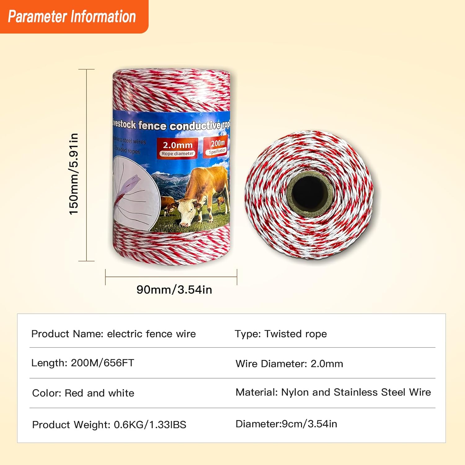 656Feet Ultra-Low Resistance Electric Fence Polywire - High Conductivity Steel Core Poly Tape for Pasture Animal Containment, Garden Security, and Farmland Protection