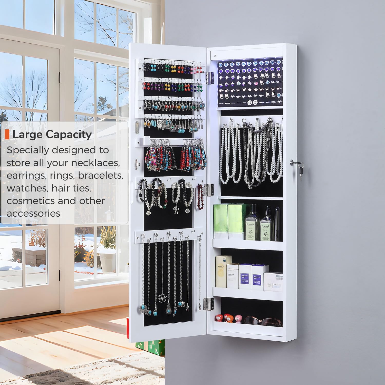 GISSAR Full Length Mirror Jewelry Cabinet, 6 LEDs Jewelry Armoire Wall Mounted Over The Door Hanging, Jewelry Organizer Display Storage Furniture with Lights Locker Mirrored Cabinet, 39.4" H, White