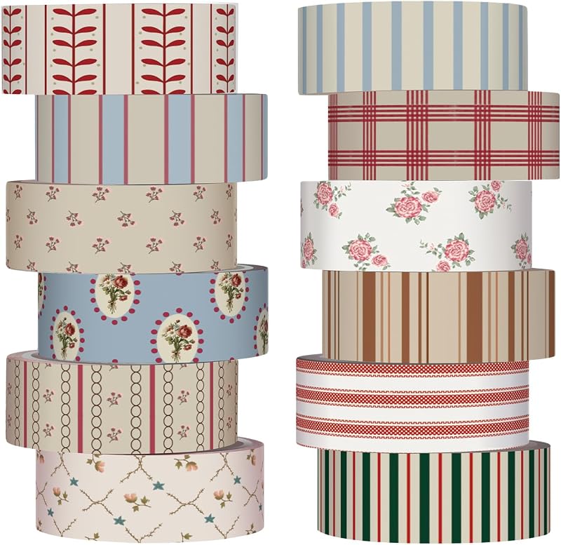 12 Rolls Floral Washi Tape Set,Retro,Mixed Pattern | Watercolor Flowers Design for Scrapbook Journal DIY Craft School Supplies, 15 mm Vintage Decorative Masking Washi Tapes