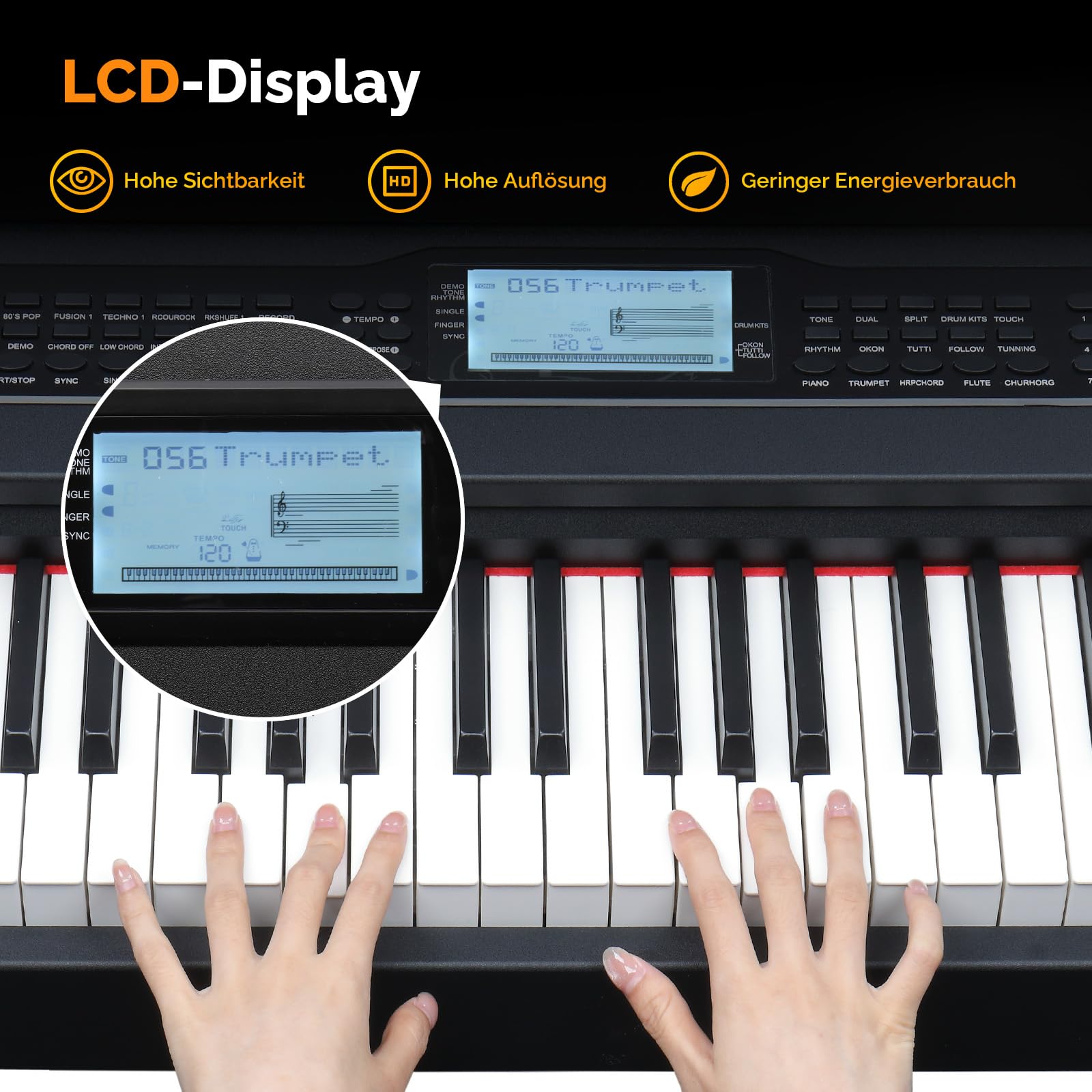 Bonnlo Digitalpiano mit 88 gewichteten Tasten, E-Piano Keyboard mit 3-Pedal-Einheit für Anfänger, MIDI-USB, Doppel-Bluetooth, LCD-Display, Stereolautsprechern, 800 Klänge und 200 Rhythmen, Schwarz