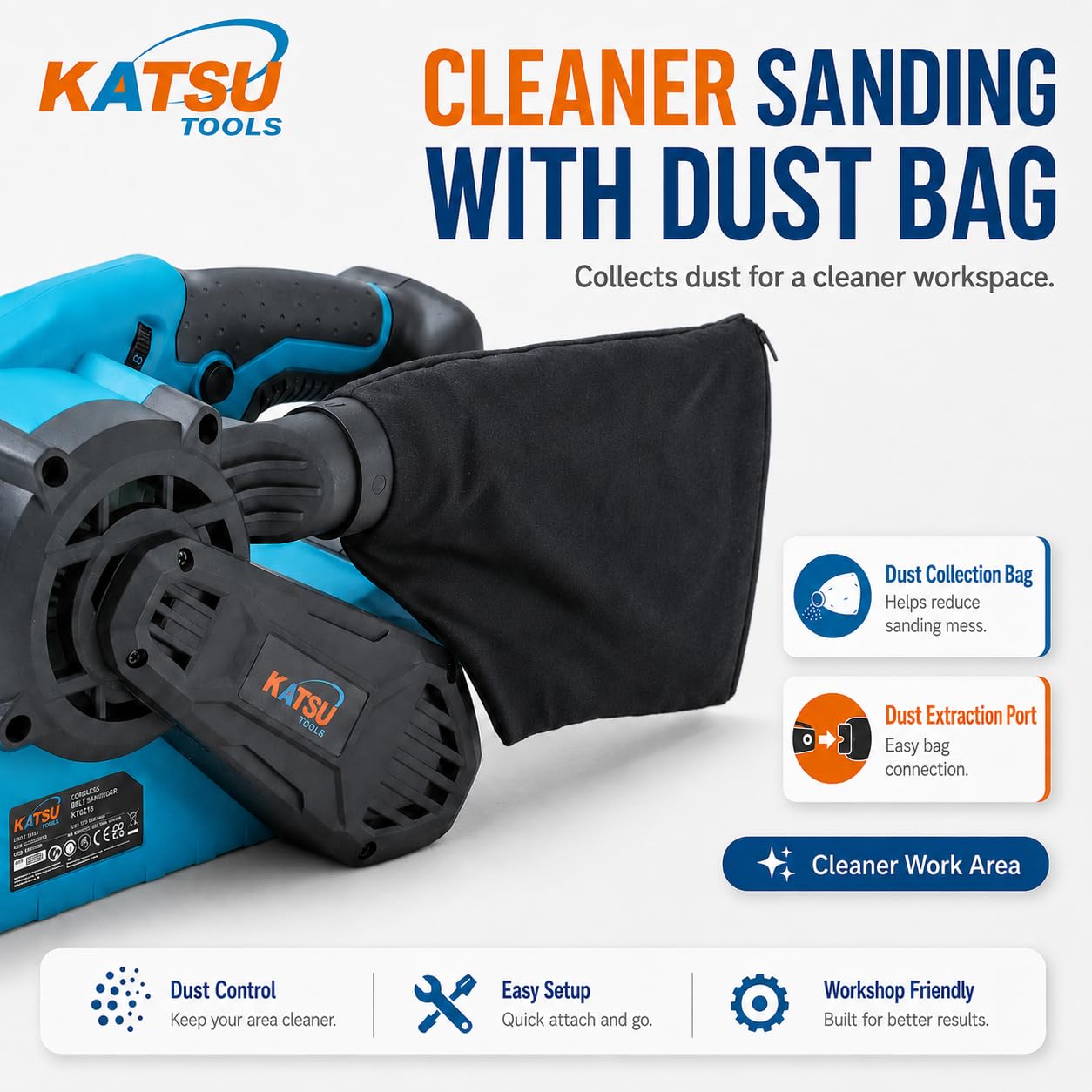 KATSU Tools 18V Akku-Bandschleifer - Bürstenloser Motor, 76 × 533 mm Schleifband, variable Geschwindigkeit, Staubbeutel, für Holz, Metall & mehr - Batterie nicht im Lieferumfang enthalten, Modell
