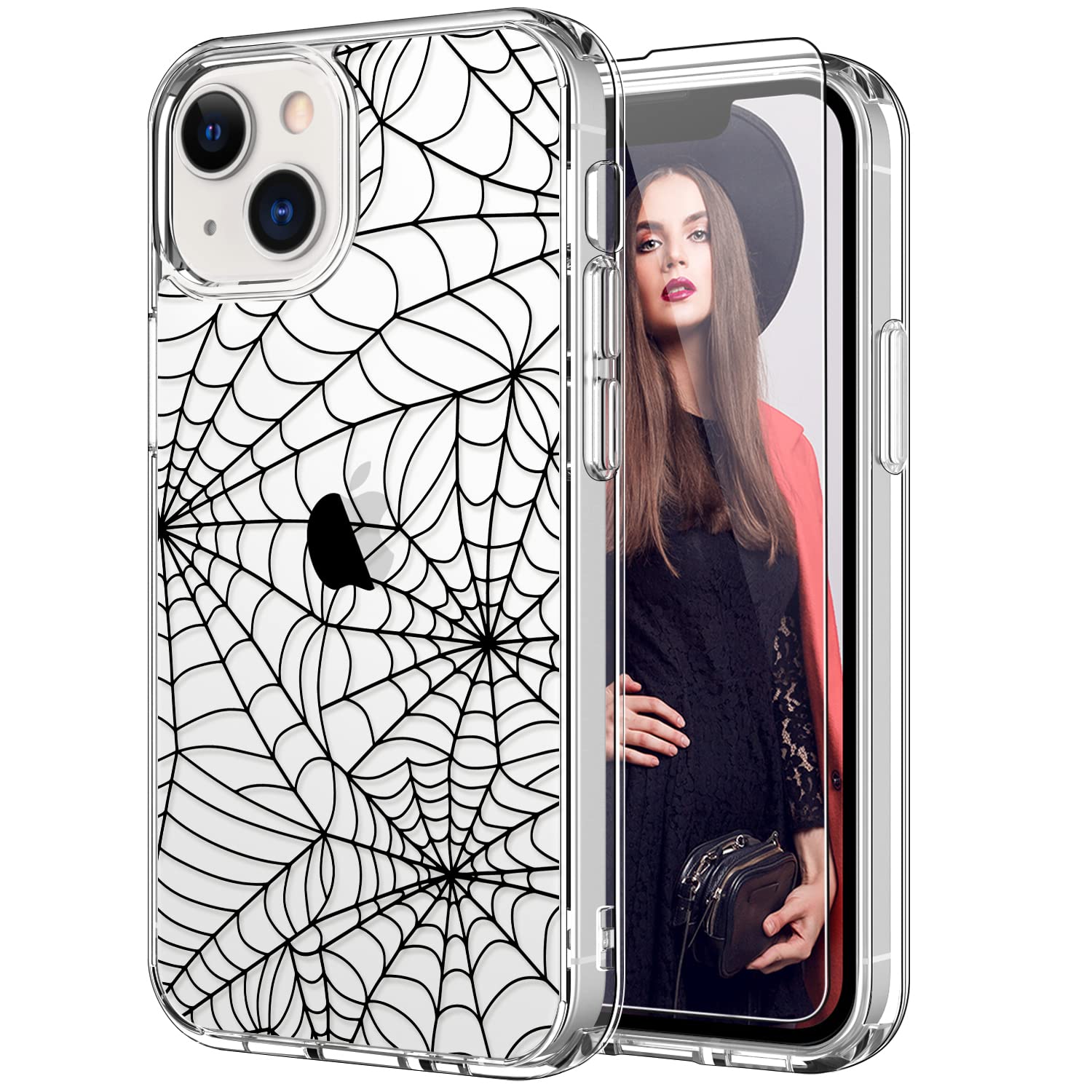 ICEDIOICEDIO iPhone IC Case with Screen Protector,Slim Fit Crystal Clear Cover with Fashion Designs for Girls Women,Durable Protective Phone Case for iPhone IC 6.1" Many Spider Webs