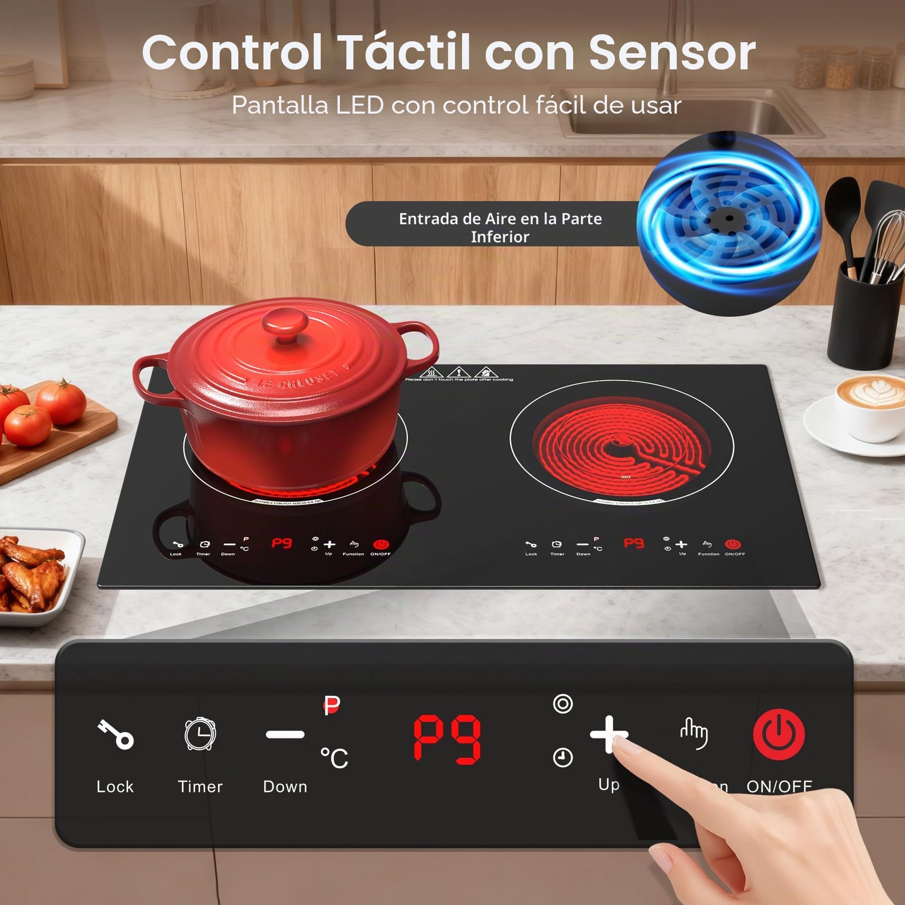 Placa Vitrocerámica 2 Fuegos 3600W, Placa de Cocción Eléctrica 60cm con 9 Niveles de Potencia, Temporizador 4H, Compatible con Todas las Ollas, Encastrable o Sobremesa