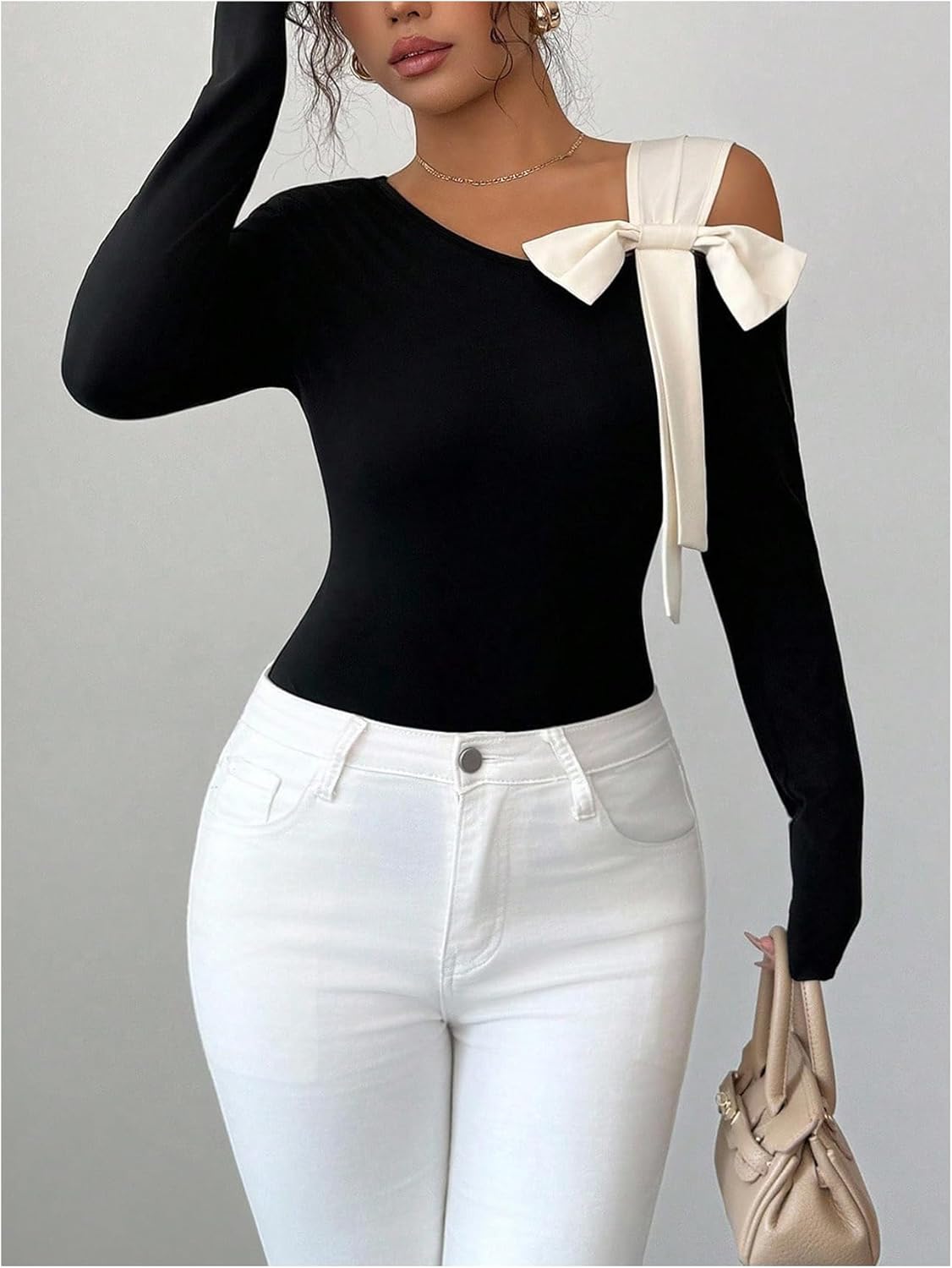 Women's Bowknot Front Cold Shoulder Top Fitted Long Sleeve T Shirts Elegant Tops - Image 5