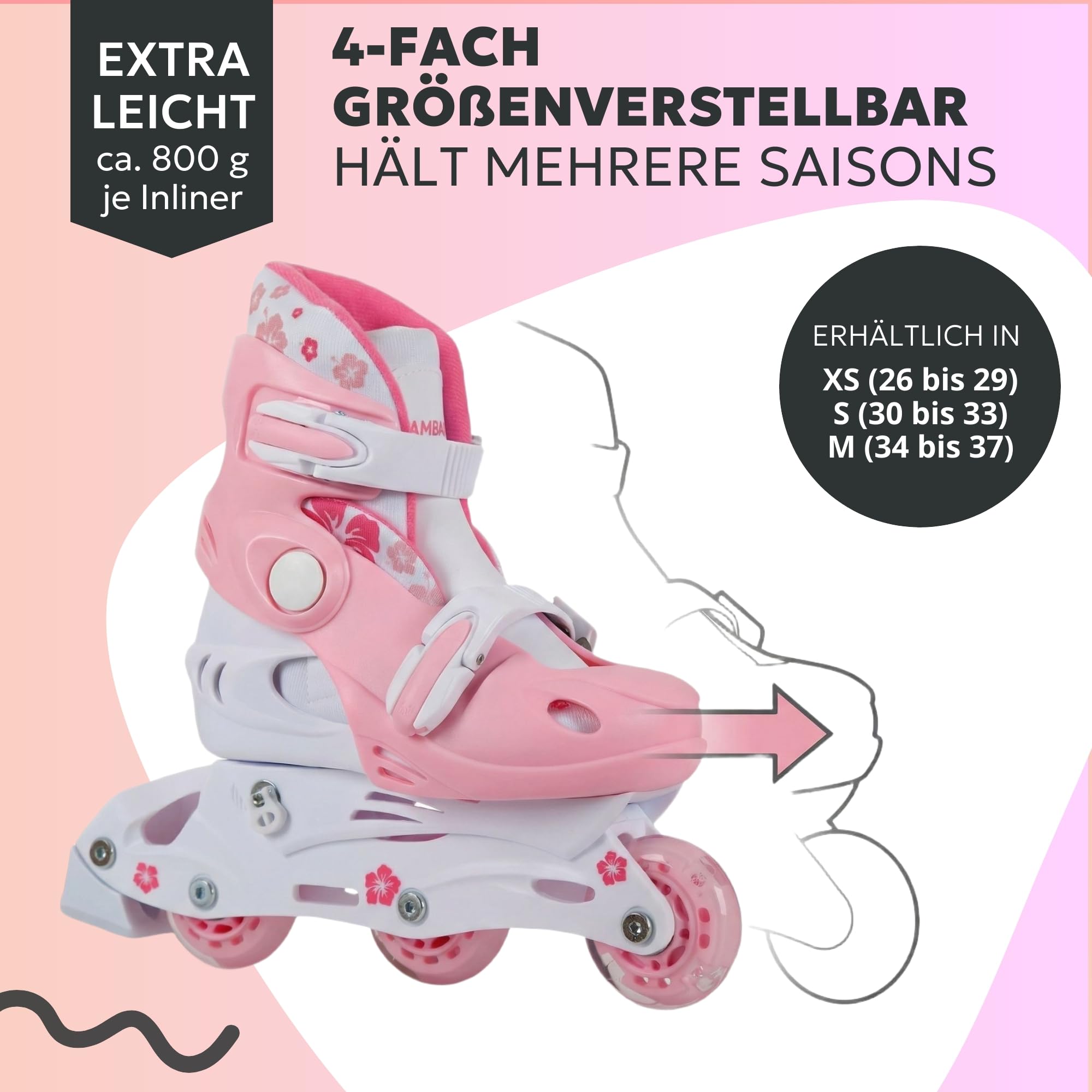 Kinder Inliner Set mit Protektoren verstellbar zum Rollschuh mit LED