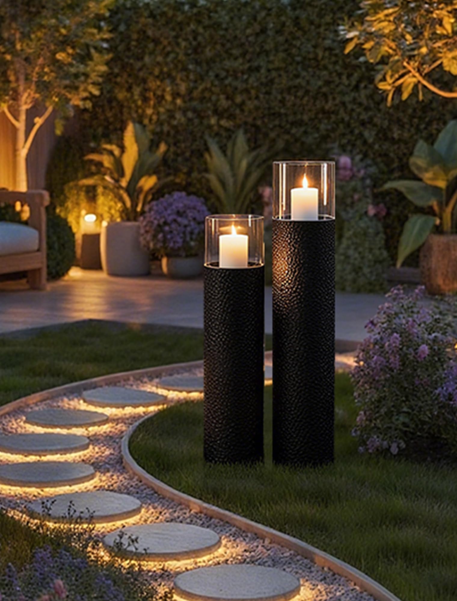 Sziqiqi Supports pour Bougies Hauts sur Pied: Lot de 2 Supports Hurricane pour Décoration - Structure Cylindrique Noire 85/70 cm en Ornement de Sol pour Salon et Cheminée