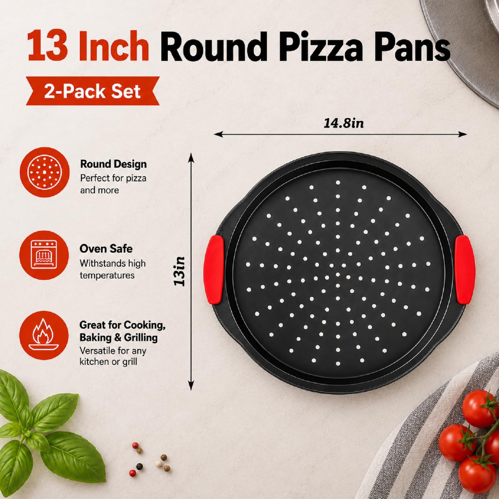 Paquete de 2 bandejas para pizza, redondas con asas de silicona, sartén para pizza de acero al carbono con agujeros y revestimiento antiadherente