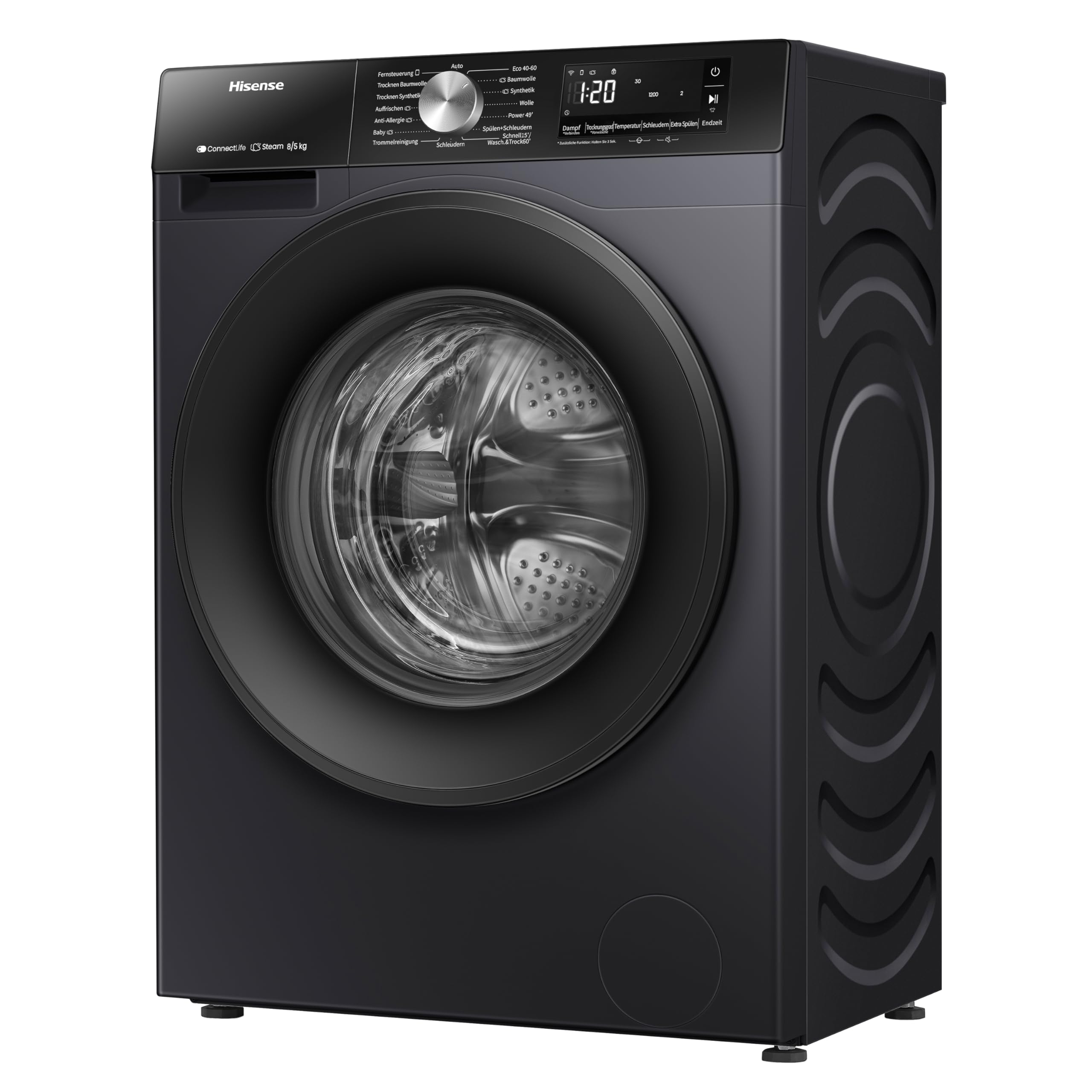 Hinsense WD3S8043BB3 Waschtrockner 8 kg 1400 U/min Dampffunktion JetWash Anti-Allergie Schwarz