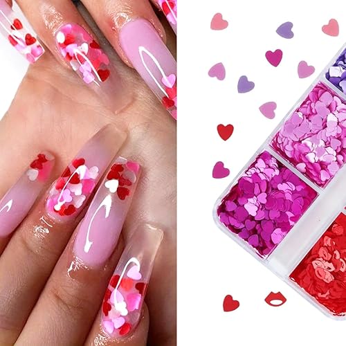 Miniatura 5 de 6 rejillas de corazón con purpurina para uñas, diseño de corazón rosa y rojo con purpurina para uñas para el día de San Valentín, diseño holográfico