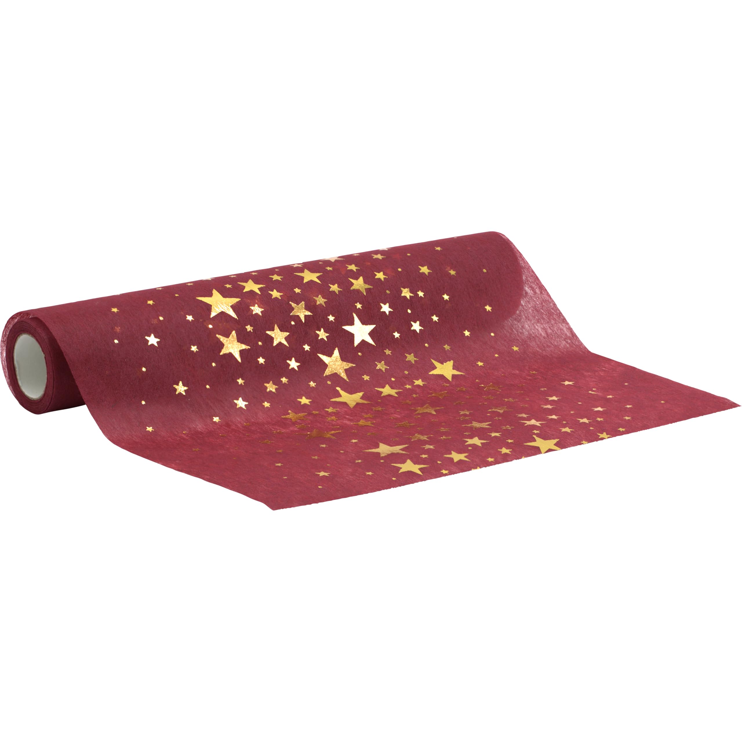 100%Mosel Camino de mesa no tejido, rojo burdeos, estrellas doradas (30 cm x 5 m), cinta decorativa para mesa, decoración elegante para Navidad y Adviento