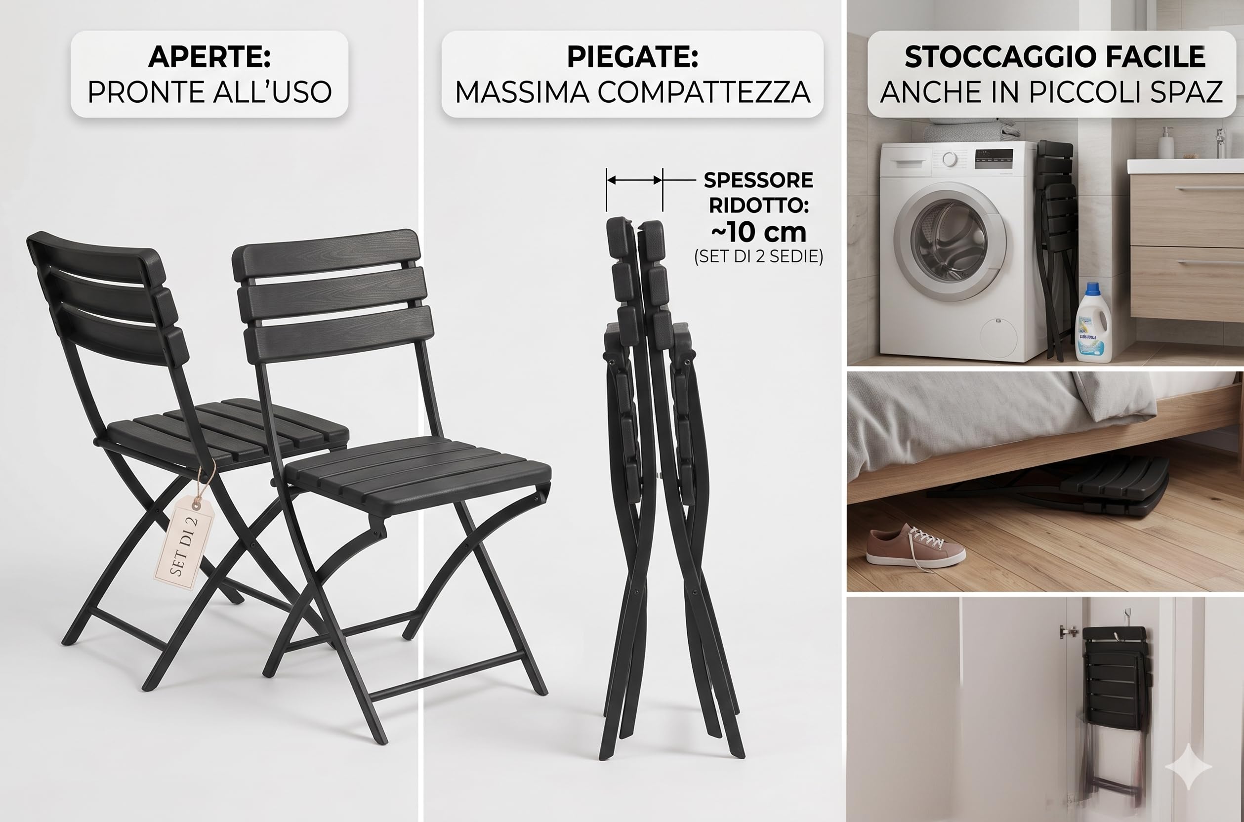 BERARDI B.INTERIORS Set 2 Sedie Pieghevoli Bistrot, Nero