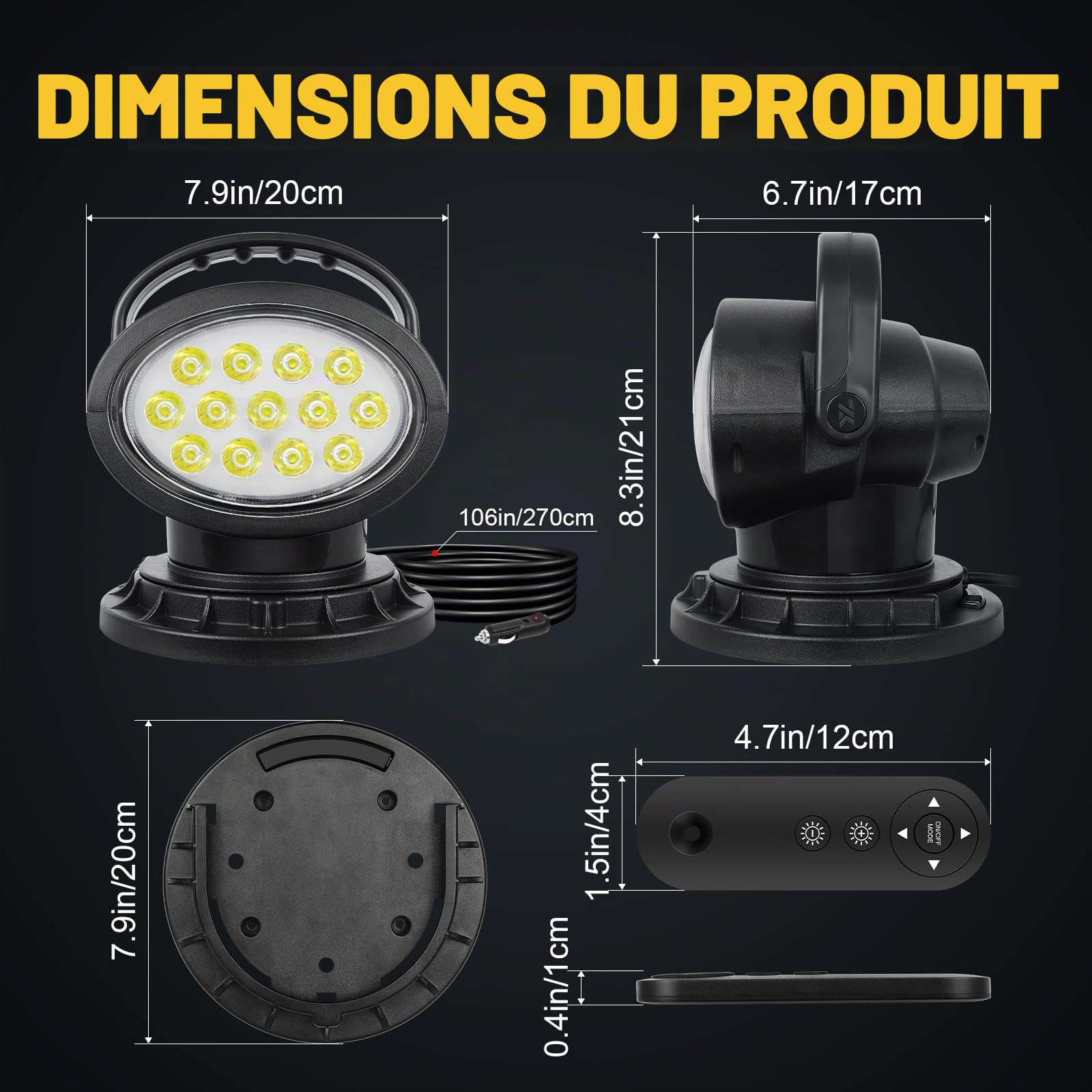PICAA 50W Phare de Travail Led Aimanté, Projecteur de Recherche LED avce Télécommande, Éclairage de Secours Éclairage de Construction pour Offroad Voiture Camion Tracteur Bateaux