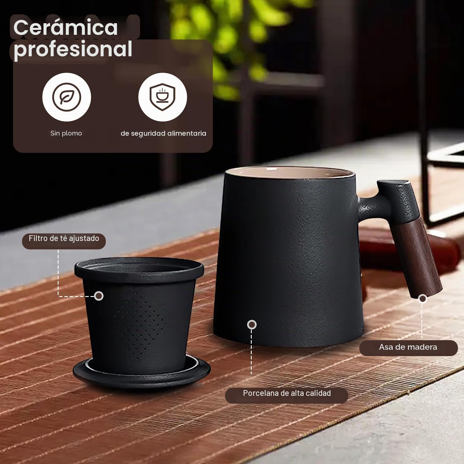 Taza de Te con Filtro y Tapa,400ml Taza de Té Infusiones Con Tapa y Filtro,Taza de Té de con Mango de Madera,Tazas de Té para Preparar Café u Hojas deTé,Taza Infusiones Para Familiar Oficina(negro)