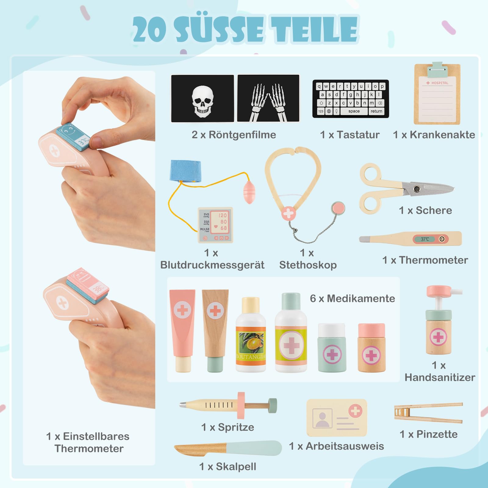 COSTWAY Holz Doktor Spielset, Krankenhaus Rollenspiel mit Sehtafel, Stethoskop, CT-Gerät, austauschbaren Filmen & medizinischen Zubehör, Arzt Set, Medizinisches Zentrum für Kinder ab 3 Jahren (Blau)