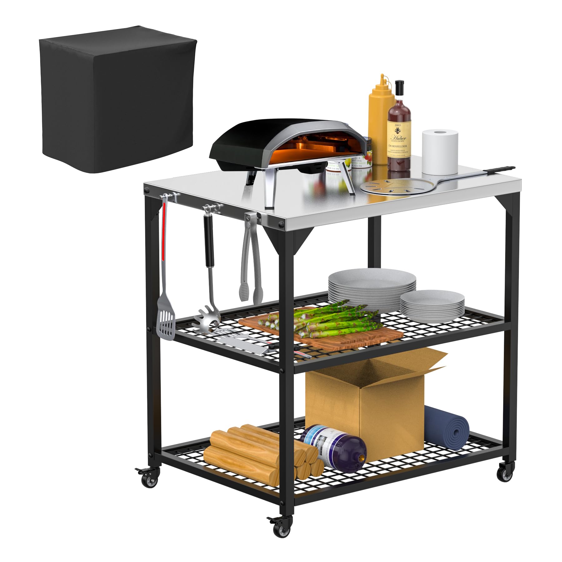 Outdoor Grill Cart Pizza Oven Table 31 x 24 x 35 Inch for Ninja Ooni Blackstone Cuisinart Grill Stand, 3 Shelf Movable Food Prep Work Cart Station, Trolley Table with Dustproof Waterproof Cover