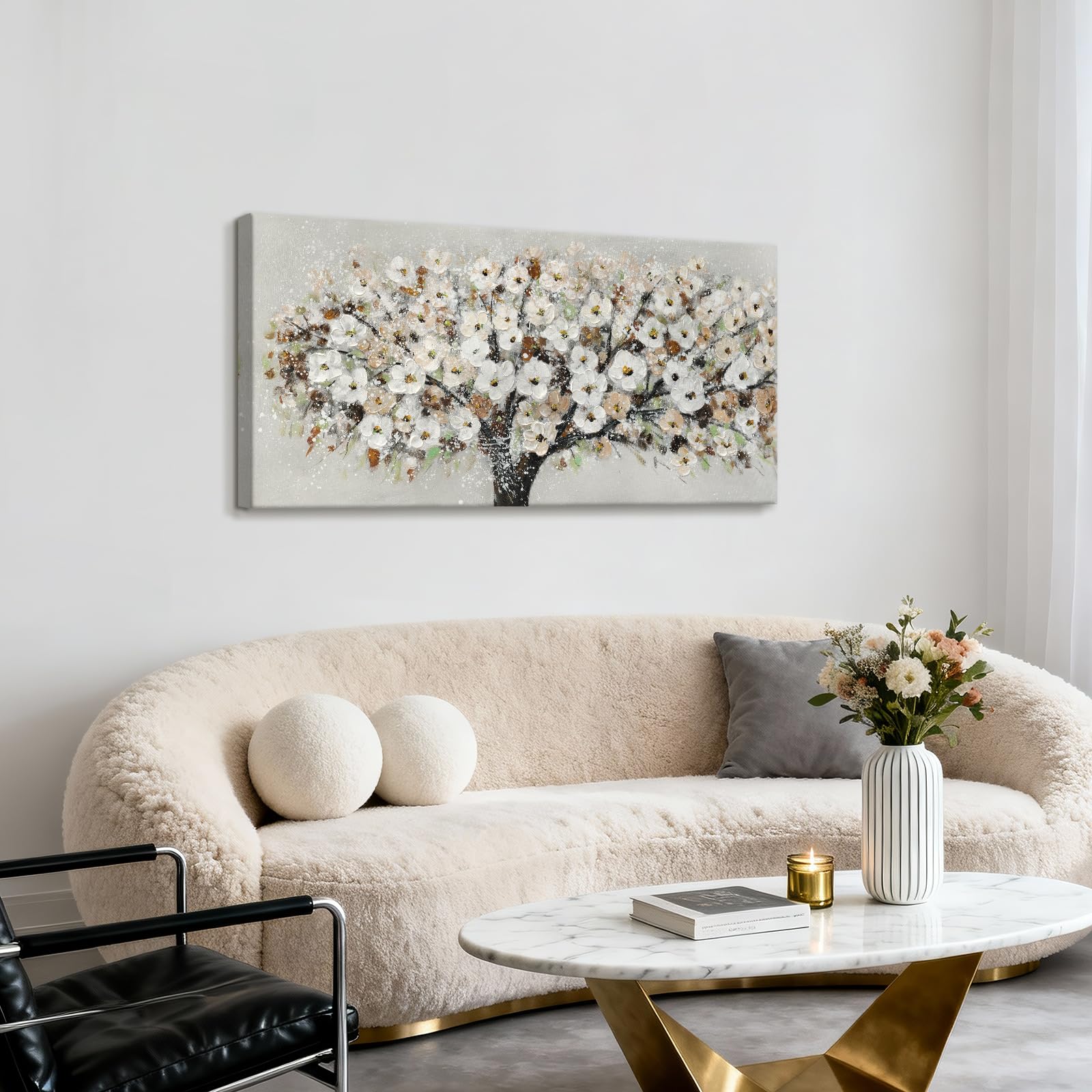 WENGTIAO Grande Albero Floreale Quadro Dipinto a Mano, Pittura Acrilica, Quadri Moderni Astratta con Texture, Quadro Fiori Bianco su Tela per Soggiorno Decorazioni Parete 120x60 cm