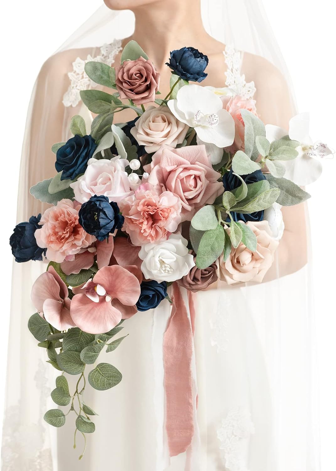 Ling's Moment Dusty Rose Navy Blue Bridal Bouquet Cascading