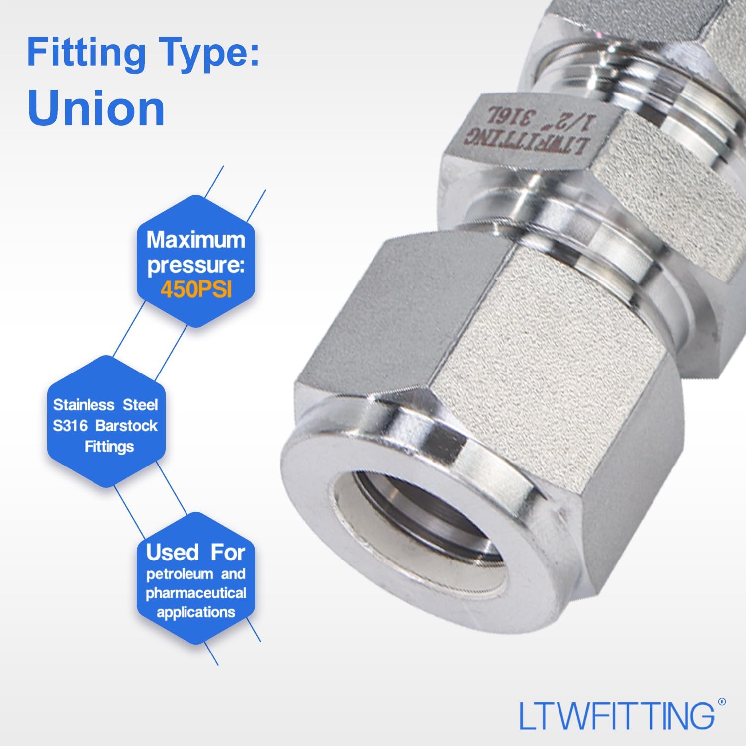 LTWFITTING 1/2-Inch OD Compression Union,Stainless Steel 316 Fitting (Pack of 20)