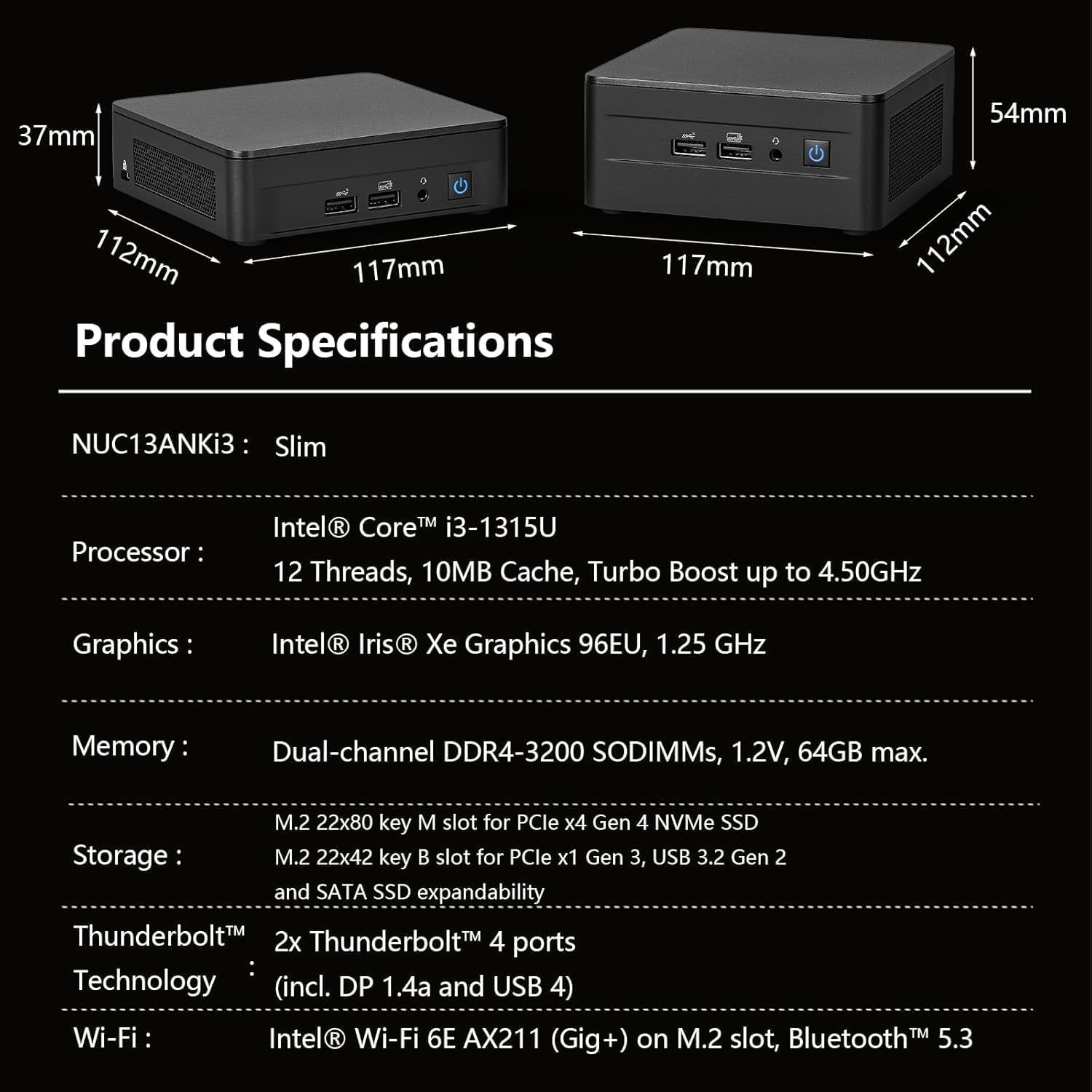 NUC 13 Pro Mini PC NUC13ANKi3 | Intel Core i3-1315U 6-Core up to 4.5