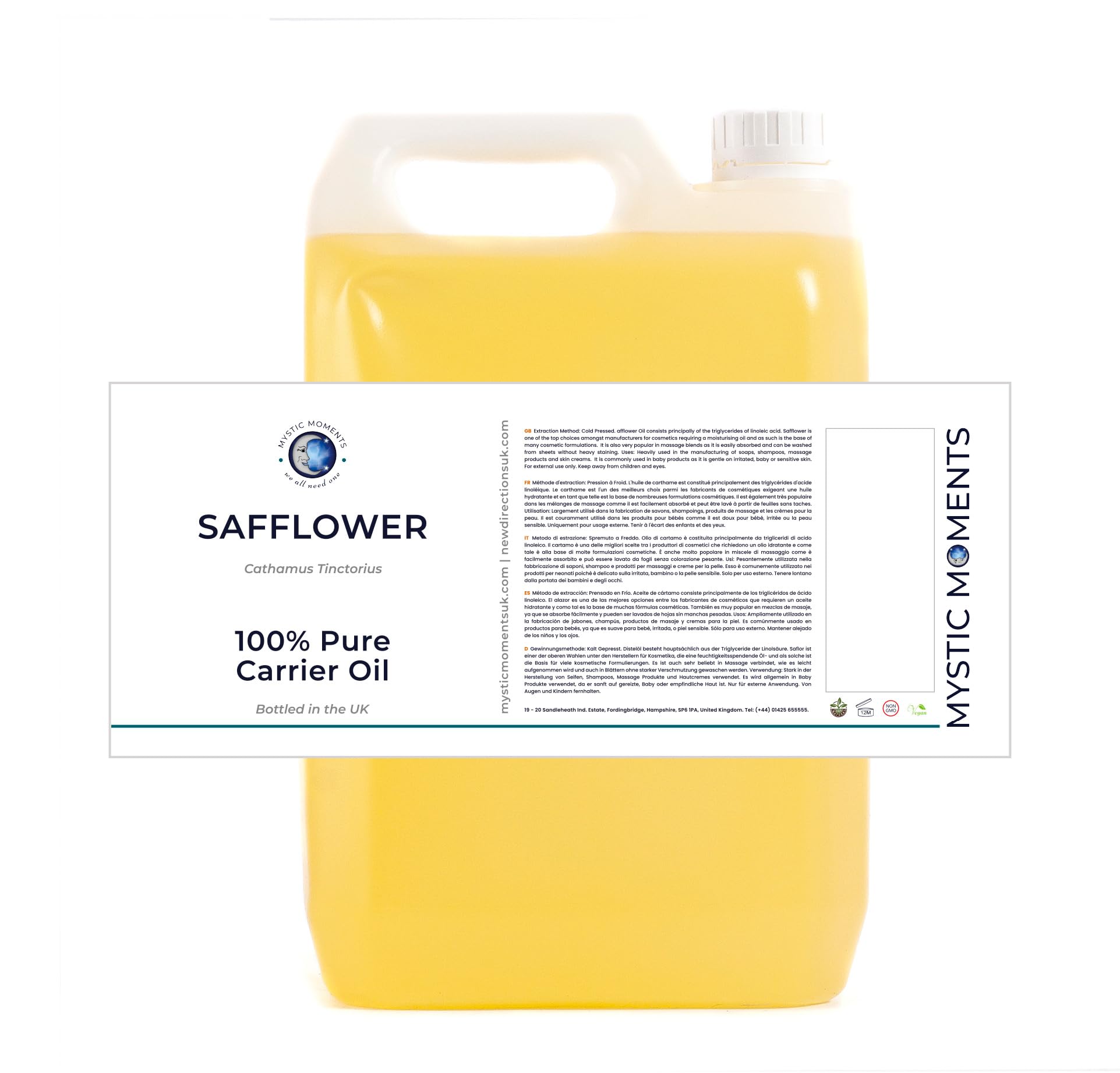Mystic Moments | Safflower Carrier Oil 5 Litres - Pure & Natural Oil Perfect For Hair, Face, Nails, Aromatherapy, Massage and Oil Dilution Vegan GMO Free