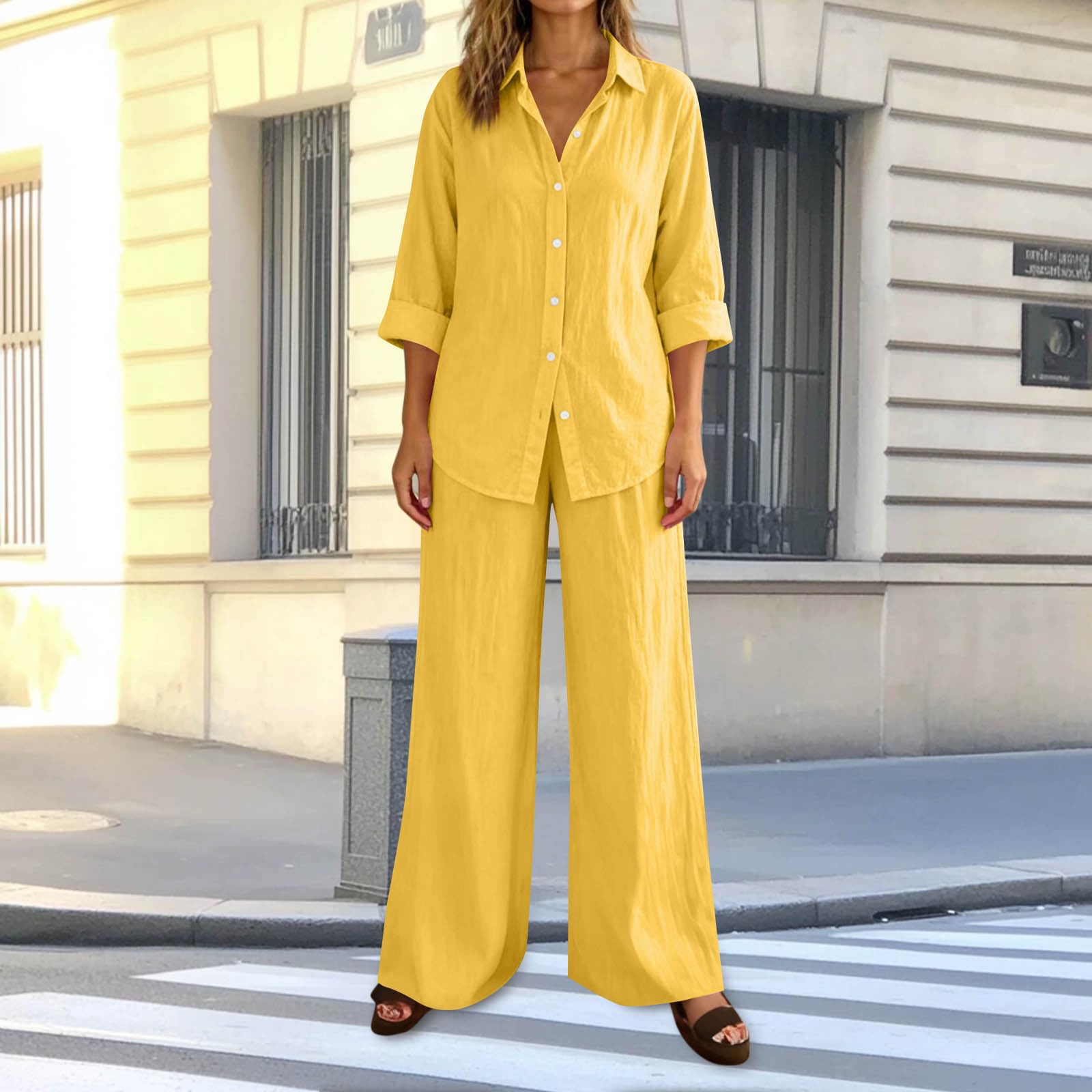 Mock Linen Co Ord Set per le donne Plus Size Casual 2 pezzi Abiti a maniche lunghe Button Down Camicia a gamba larga Pantaloni Loungewear Set Casual Allentato Tie Back Tute Da Viaggio Set Aeroporto