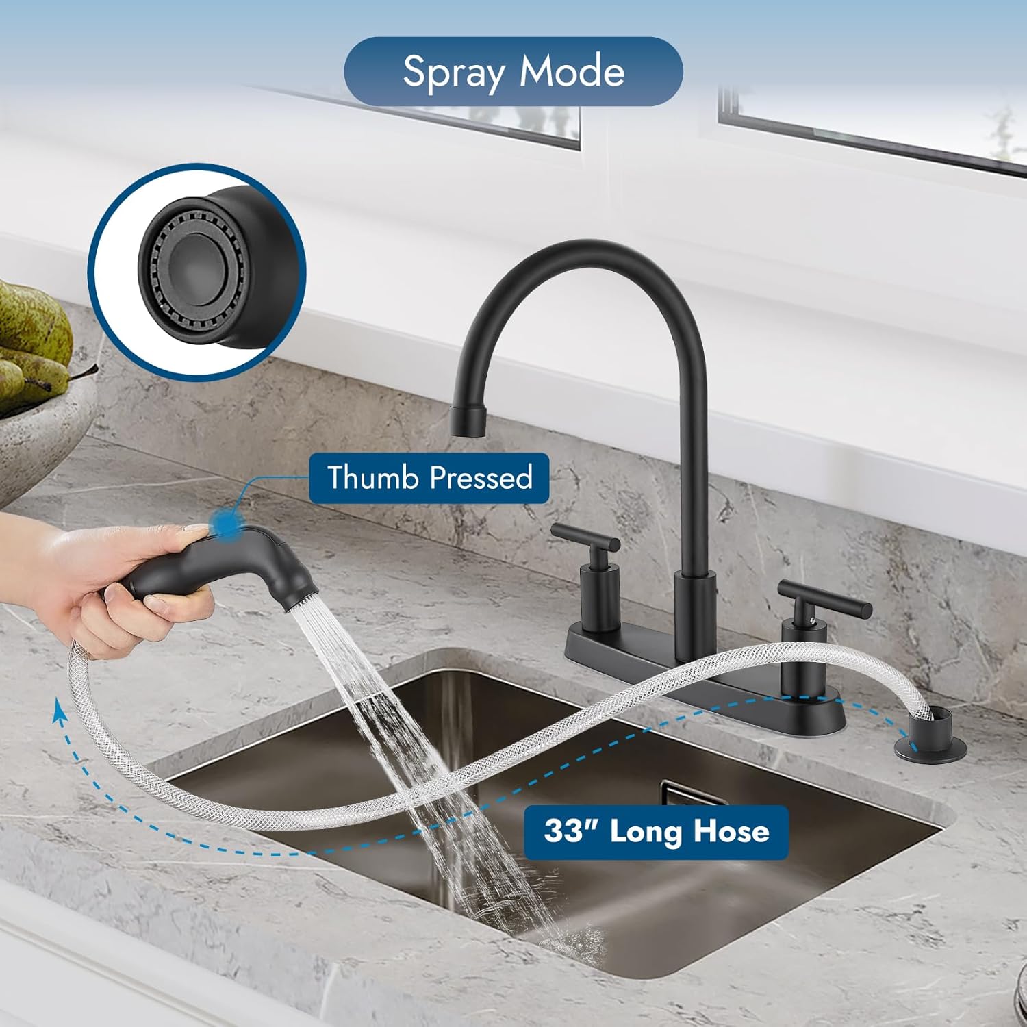 Kitchen Faucets, High Arc 360°Rotating Spout Kitchen Sink Faucet 2 Handle 8 Inch Centerset RV Kitchen Faucet with Supply Lines, 3 Hole Kitchen Faucet with Side Sprayer, Matte Black - Image 3