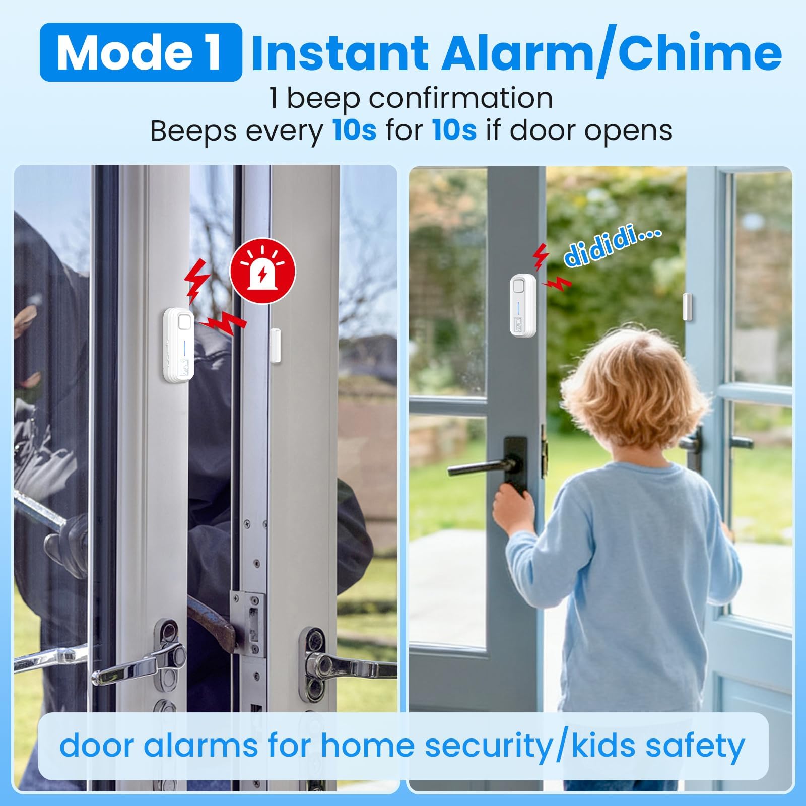 SanJie - Alarma de puerta con alertas instantáneas y retardadas de 30 s/1 min/2 min/4 min, alarma de ventana de puerta para seguridad de los niños/seguridad del hogar, volumen de 0-120 dB, alerta