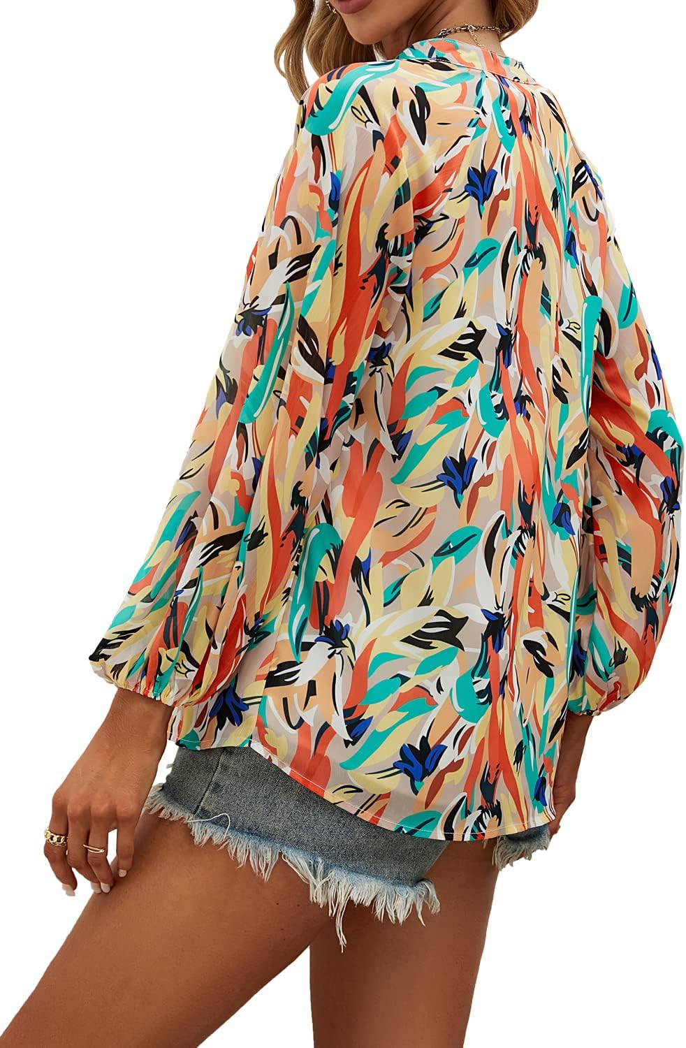 MLEBR Womens Blouses Fashion 2023 Winter Casual Long Sleeve V Neck Tops Abstract Printed Silk Blouses Tops Flowy Shirts L - Image 6