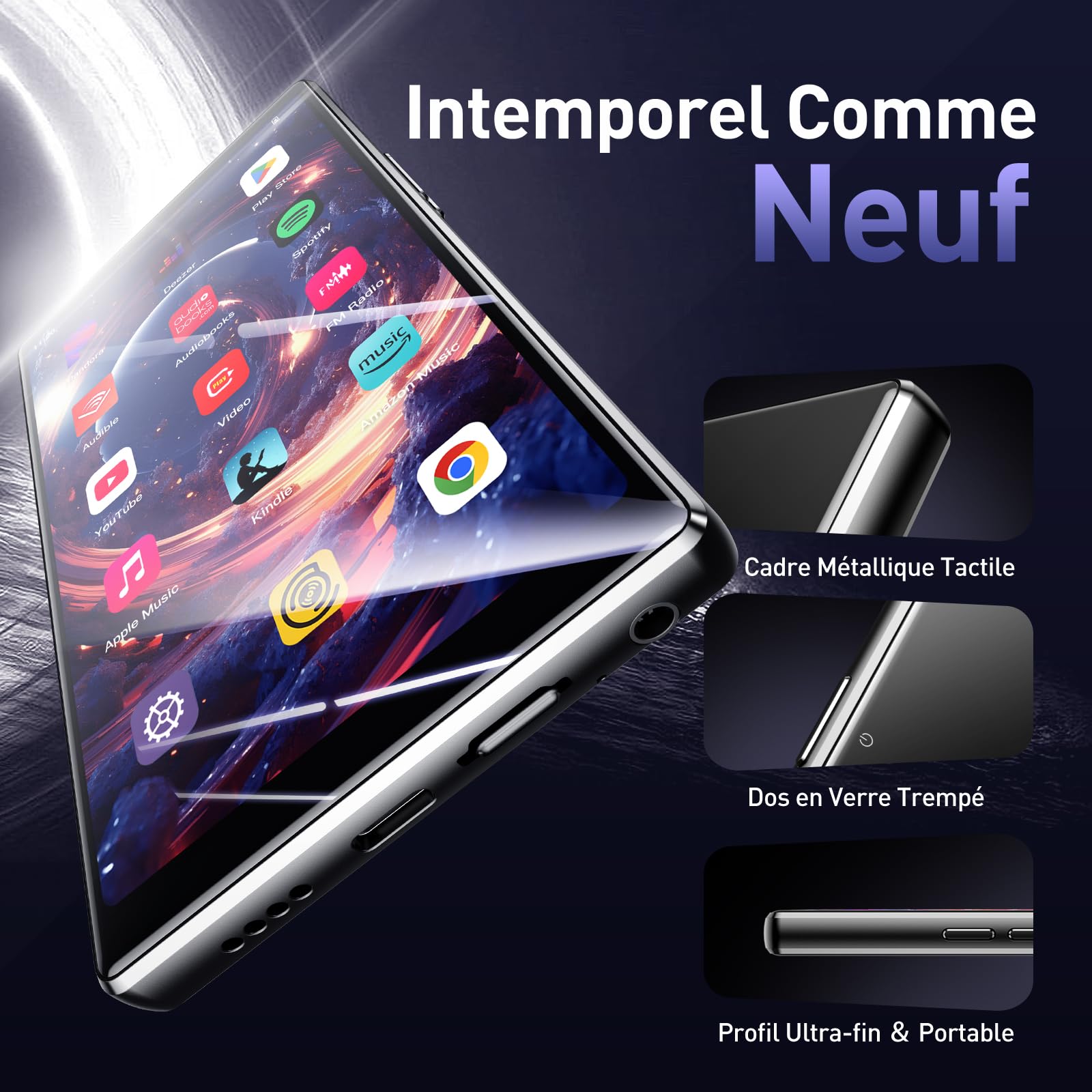 AGPTEK 128Go Lecteur MP3 Bluetooth WiFi, MP4 Spotify Android 13 avec 5"Écran Tactile HD, Compatible avec Deezer, Amazon Music, YouTube, Pandora, Audible, Libby, MP4 Enfant avec Contrôle Parental, Noir