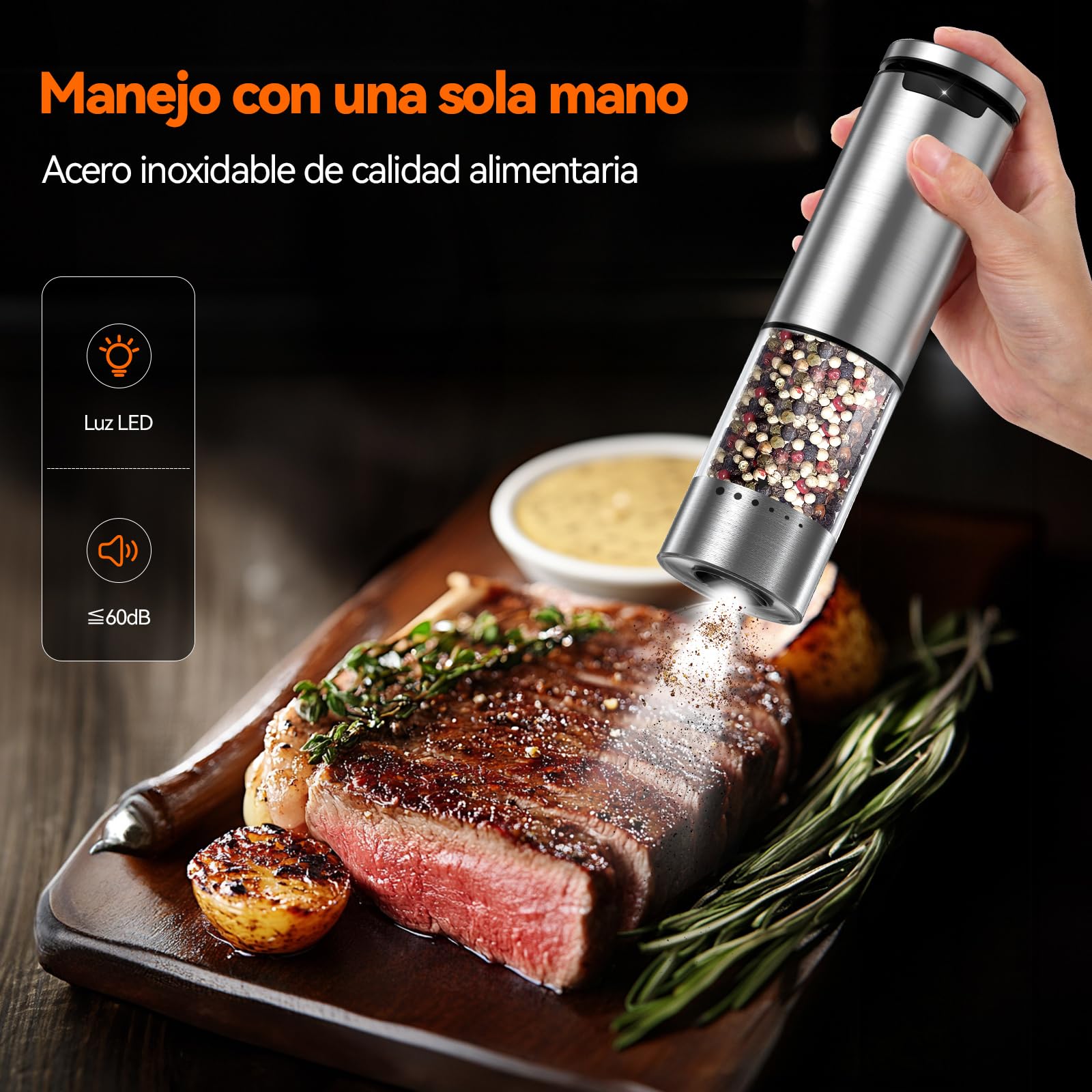VOXON Molinillo Pimienta Eléctrico Set de 2, Salero y Pimentero con Recarga USB, 5 Niveles Ajustables, Pimentero Eléctrico Automático con Luz LED – Saleros de Cocina para BBQ y Hogar