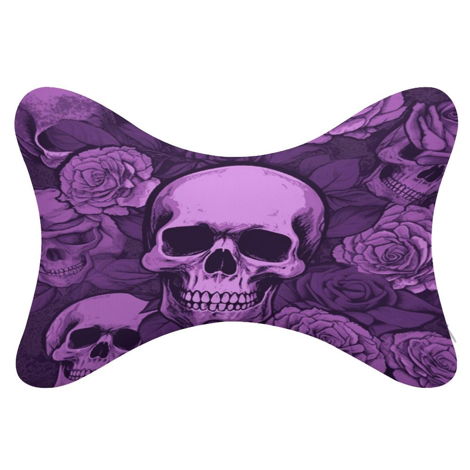 VstaDank Purple Skulls and Roses Car Neck Pillows 2 Pack Removable Ergonomic Cervical Support Pillow Fashion Cozy Bone Shaped Pillows Soft Car Headrest Pillow for Office Airplane Most Car