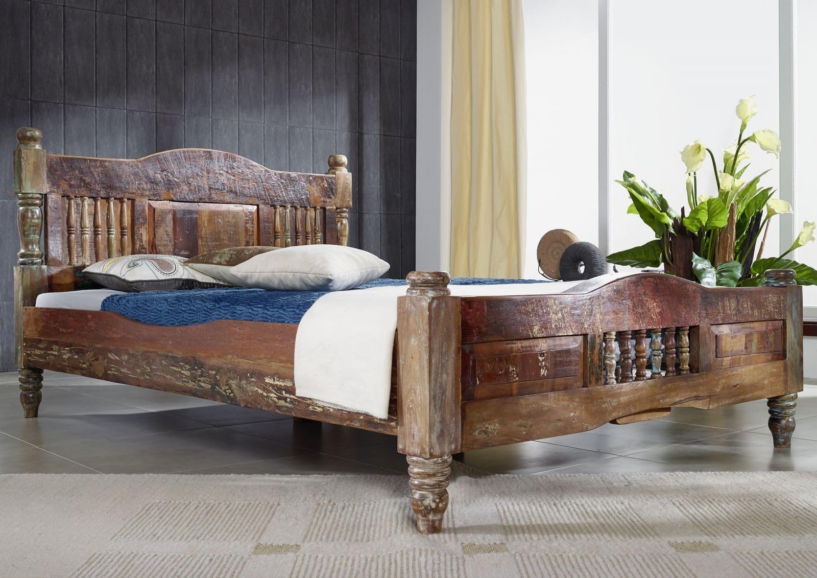 MASSIVMOEBEL24.DE | Bett 180x200 Fable aus Altholz, Holzbett Vintage aus Massivholz, Doppelbett mit hohem Kopfteil