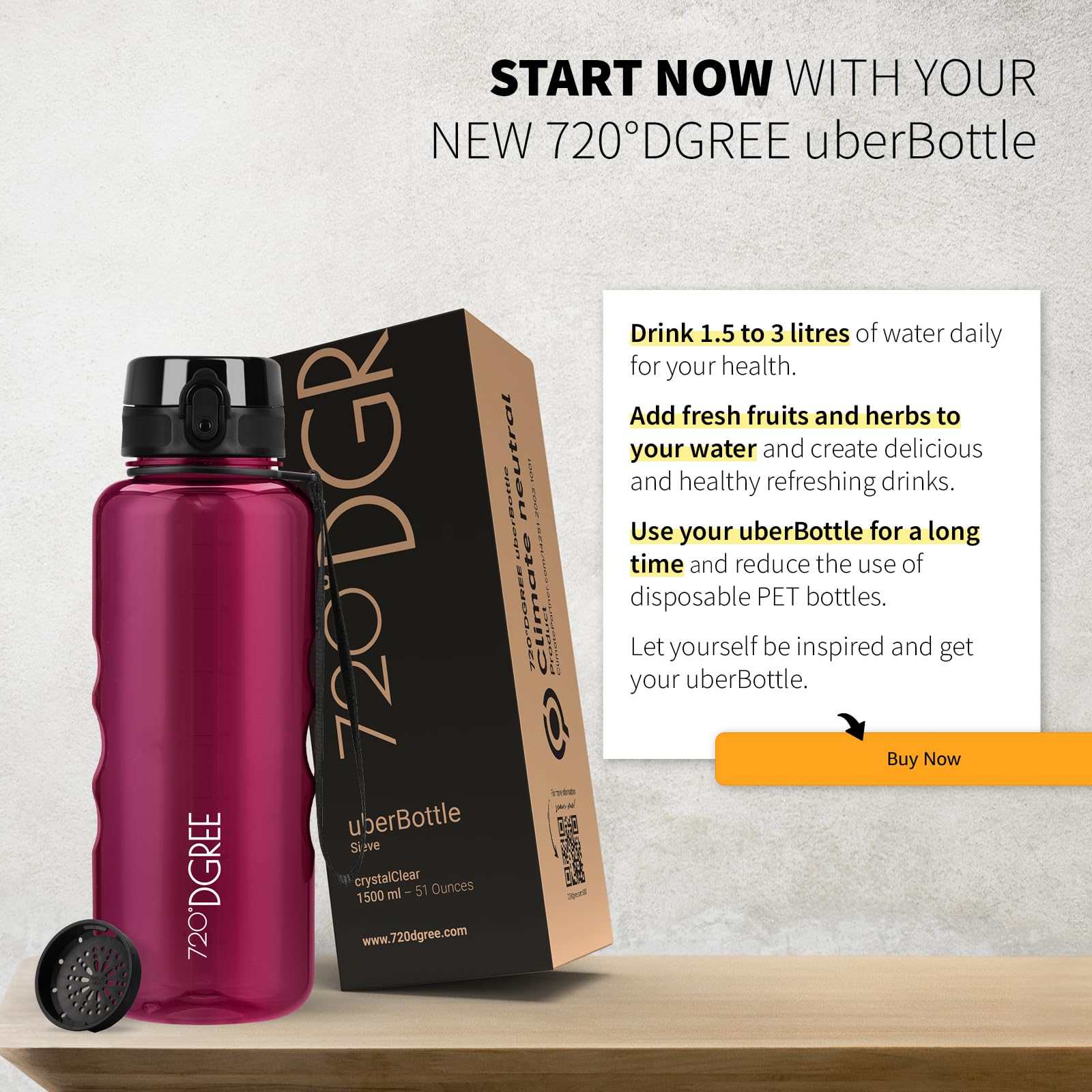 720°DGREE Water Bottle 1.5l “uberBottle“ crystalClear +Sieve, BPA-Free, Leakproof, Reusable Drinking Bottle - Image 6