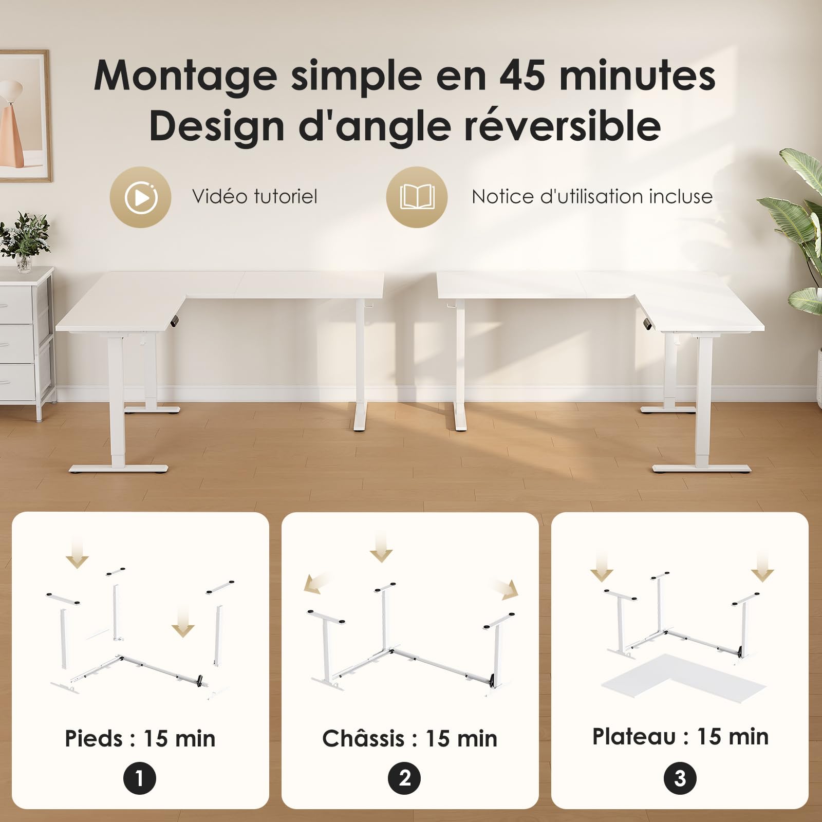OffiGo Bureau d'angle Assis Debout, 160 x 120 cm Ergonomique réglable Hauteur en Bureaus d'ordinateur Assis Debout, pour Bureau à Domicile, Blanc