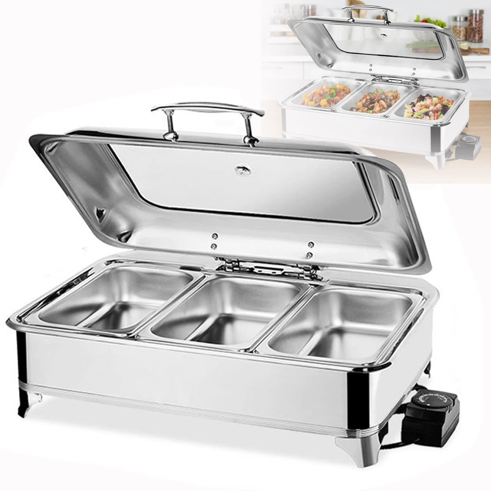 Chafing Dish Buffet Eléctrico, Calentador de Alimentos de Acero Inoxidable con Tapa Transparente, Servidor de Buffet para Boda, Fiesta, Banquete y Catering, GN 1/1, 1/2, 1/3 Opcional, 9L