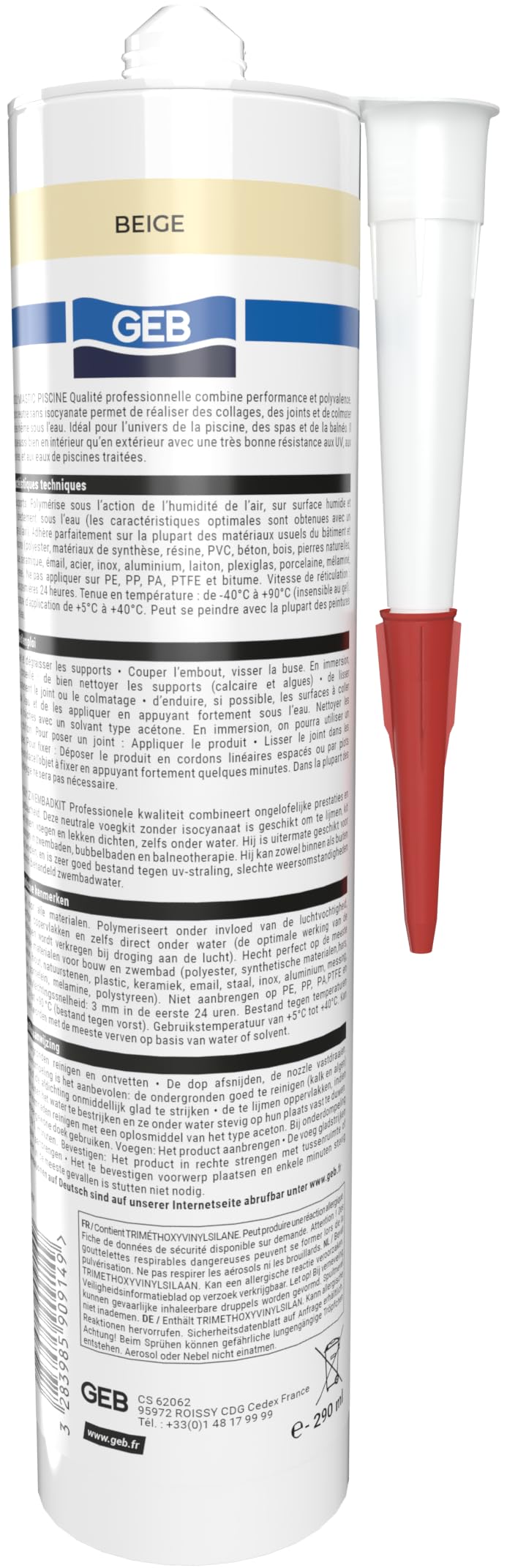 GEB - Masilla impermeable especial para piscina (290 ml), color beige para pegar, rejuntar y reparar elementos de piscina, azulejos, mosaico, margelle, proyector, desagüe