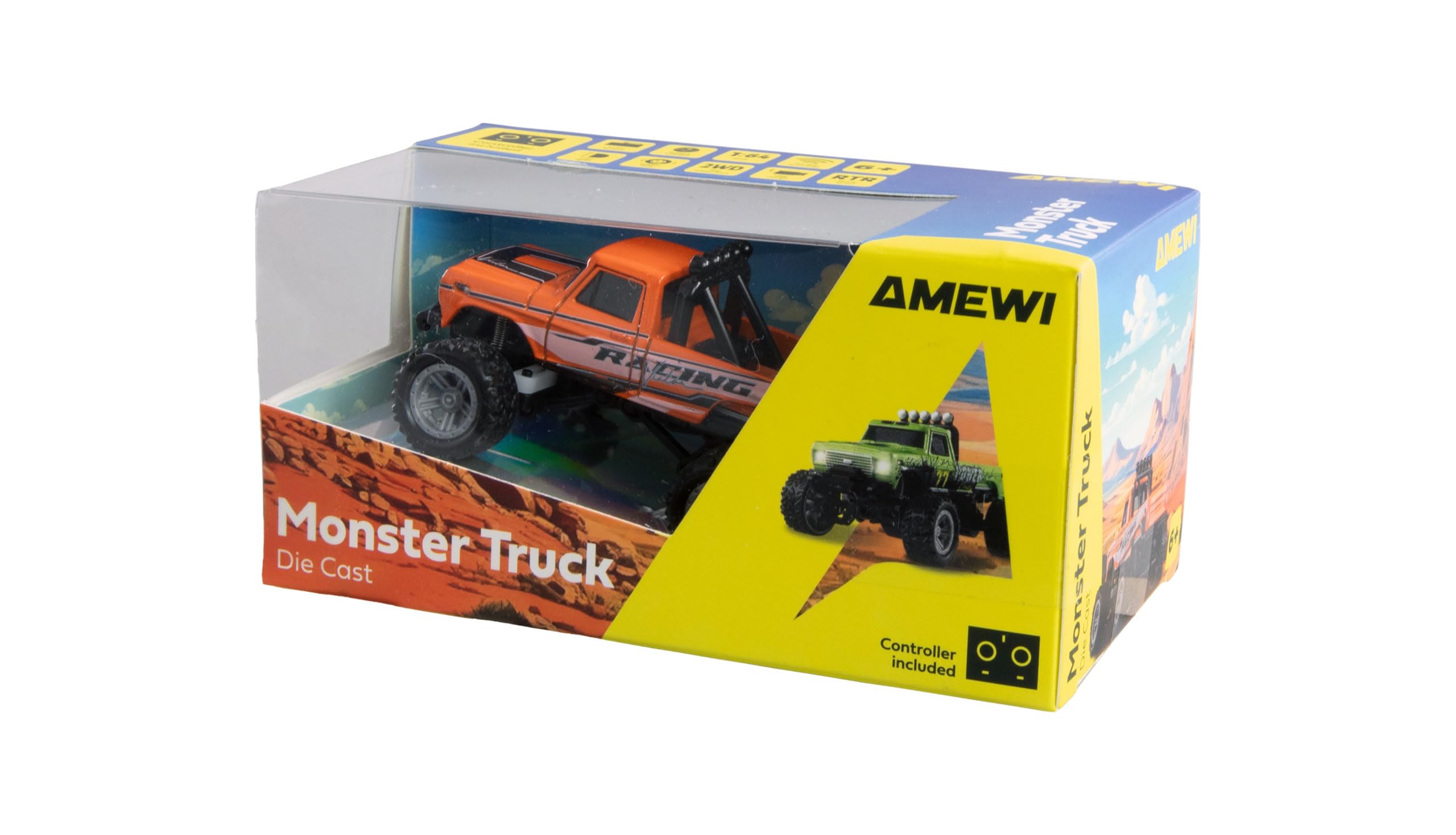 Amewi RC Monster Truck Die Cast 1:64 RTR Orange, pilot zdalnego sterowania w formacie karty