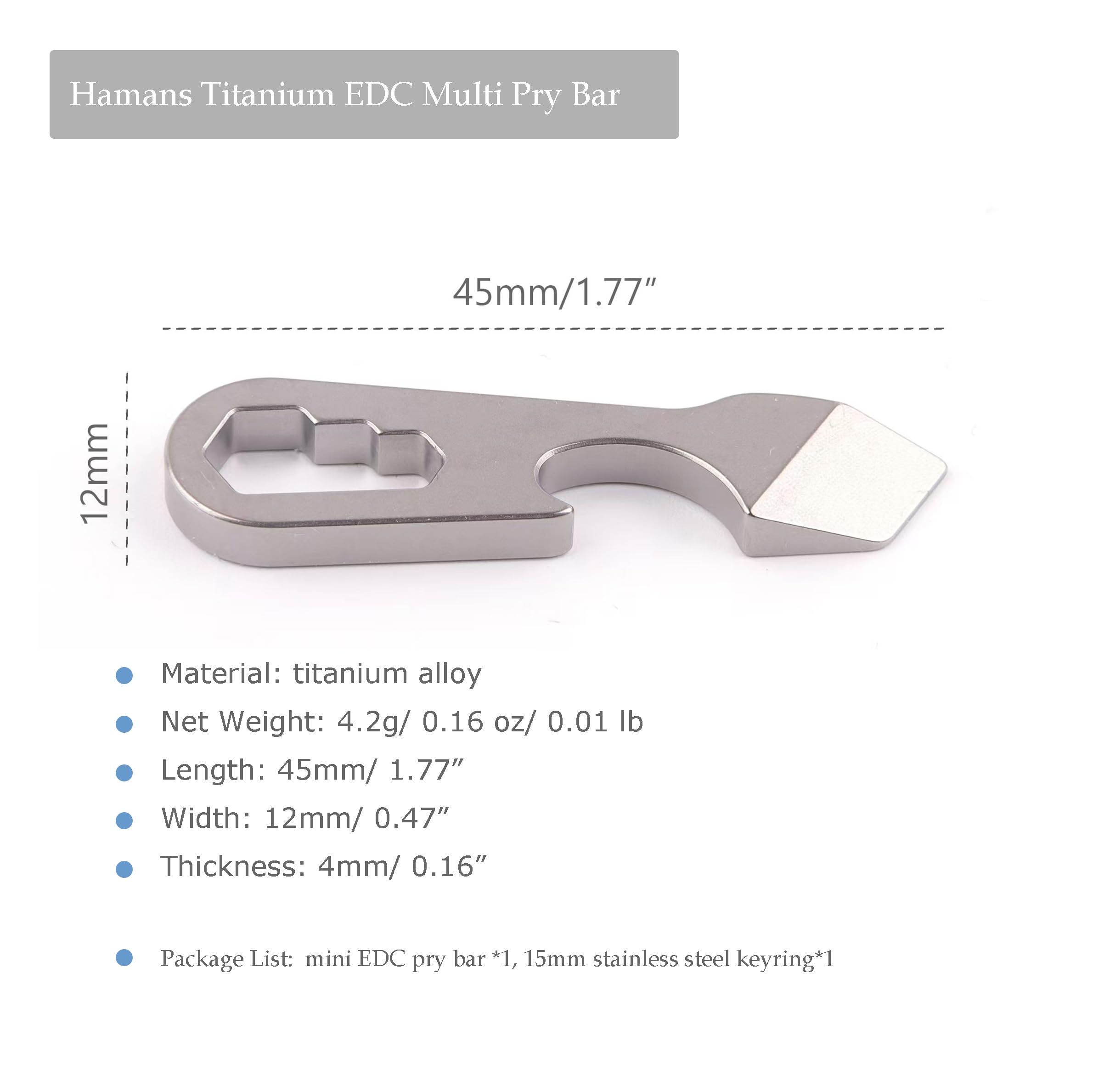 Hamans Pry Bar Multitool Mini 4.2g Titanium Pocket Small Prybar Bottle Opener Wrench, Gray - Image 2