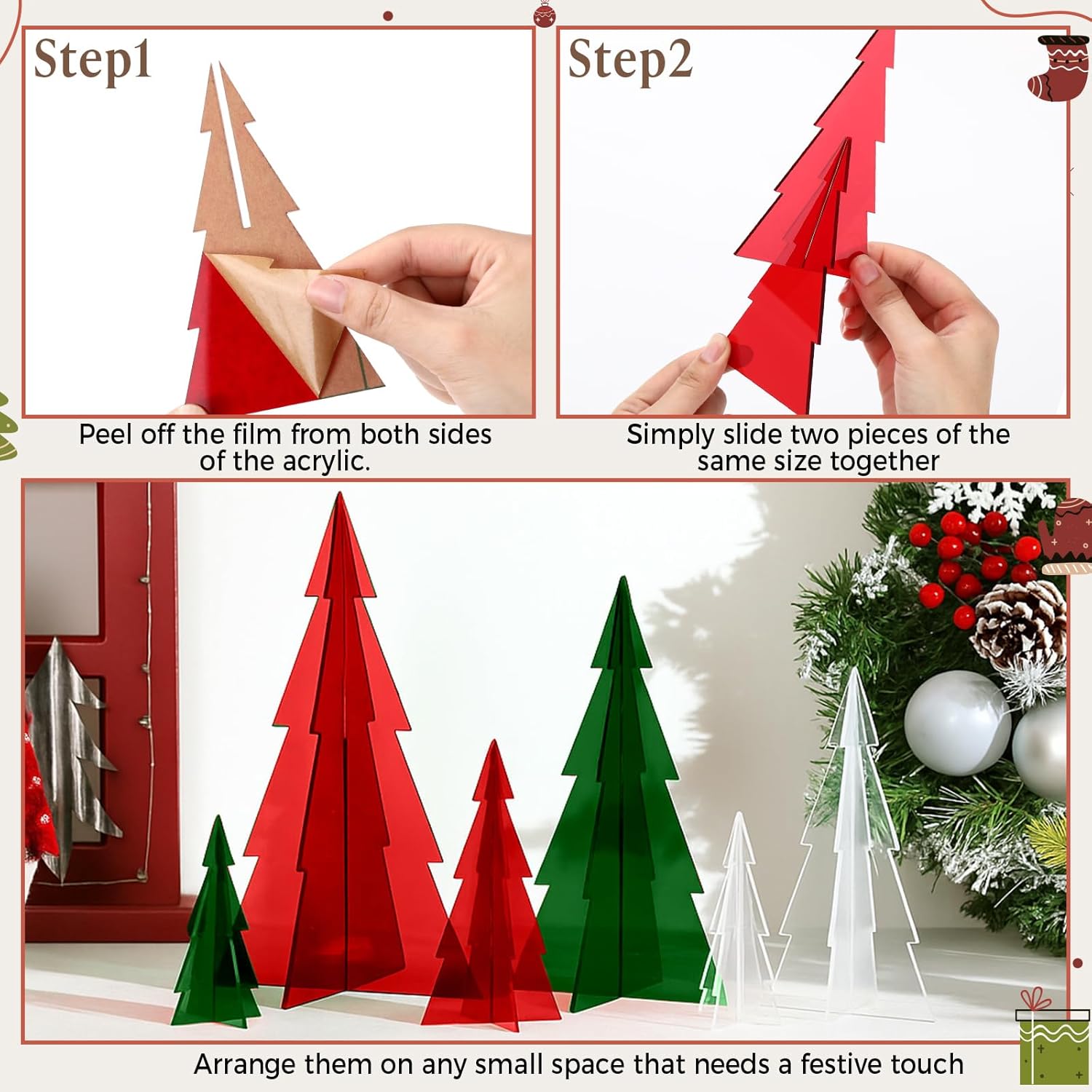 DoubleFill 6 Pcs Acrylic Christmas Tree Centerpieces, 4" to 10" 3D Mini Xmas Tree Tabletop Decoration Christmas Decorations for Office Home Modern Party Winter Decor(Red, Green, Clear)