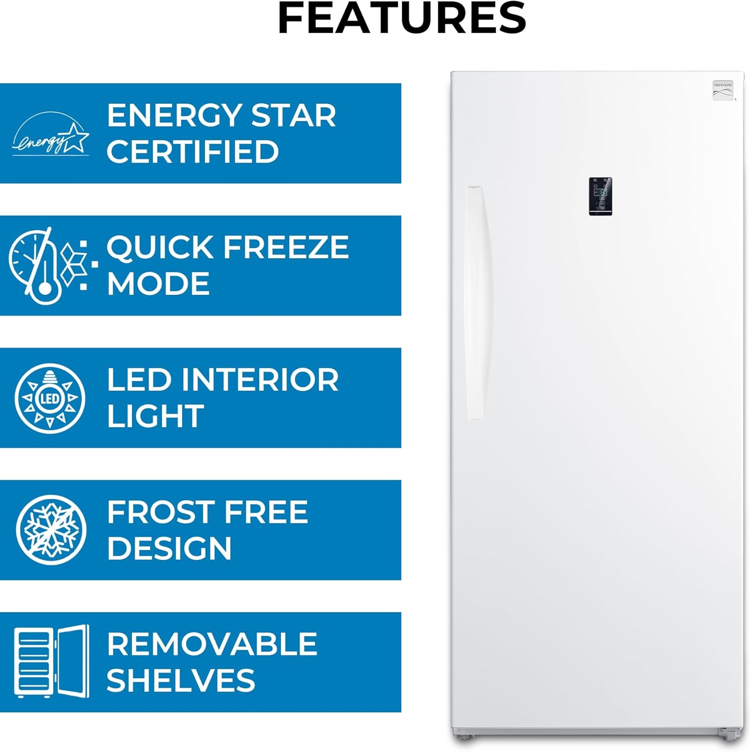 Kenmore 14.0 Cubic Feet Capacity Upright freezer - Convertible Refrigerator/Freezer, 4 Shelves, Garage Ready, Meat Storage, Auto Defrost, Congelador For Home, Apartment, Basement, Dorm, White