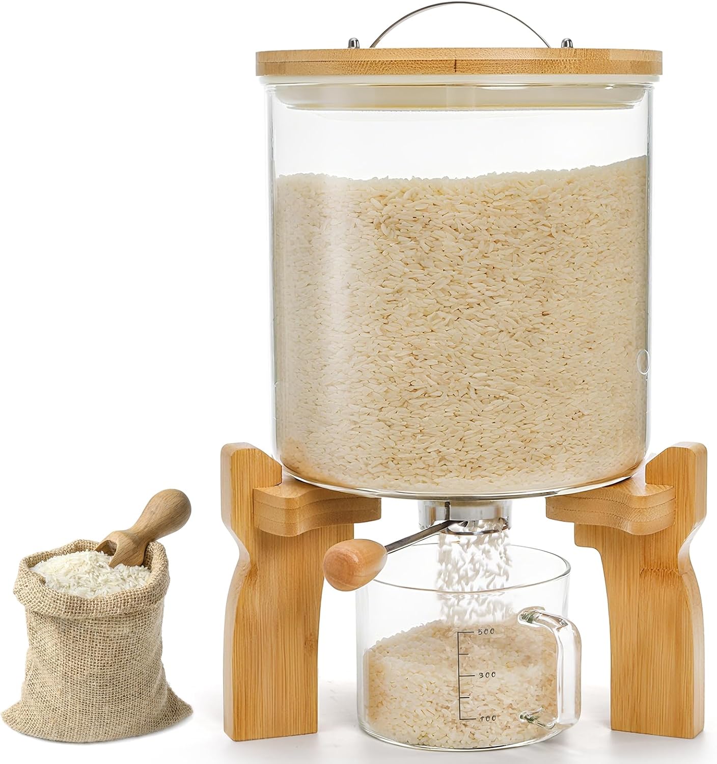 Goaste Glass Rice Dispenser with Bamboo Stand, 5L Flour Cereal Container with Airtight Lid, 8 Lbs Large Grain Food Storage Bucket, Countertop Beans Storage Tank with Measuring Cup & Valve for Dry Food