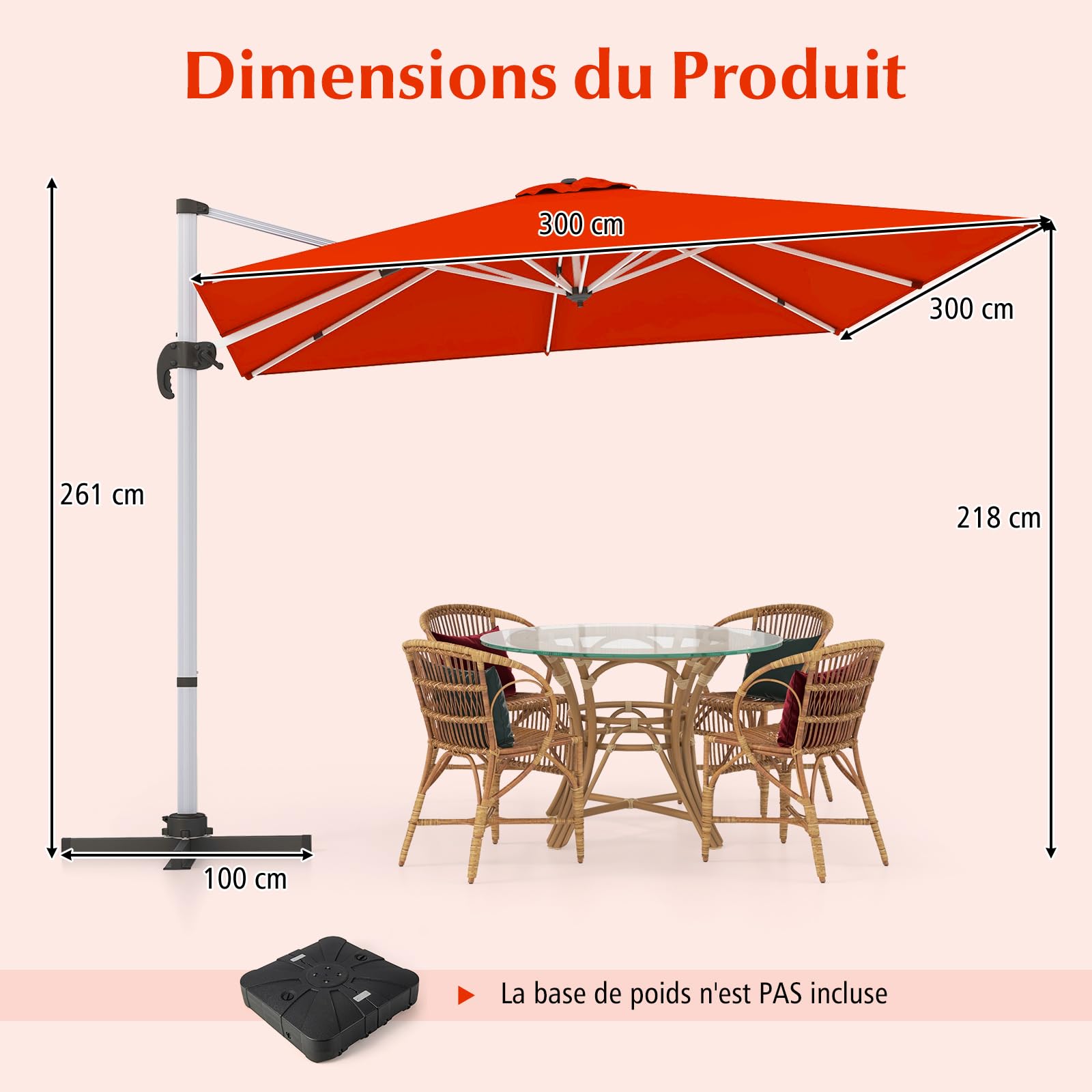 RELAX4LIFE Parasol Déporté 3x3M Inclinable 7 Positions (Orange)