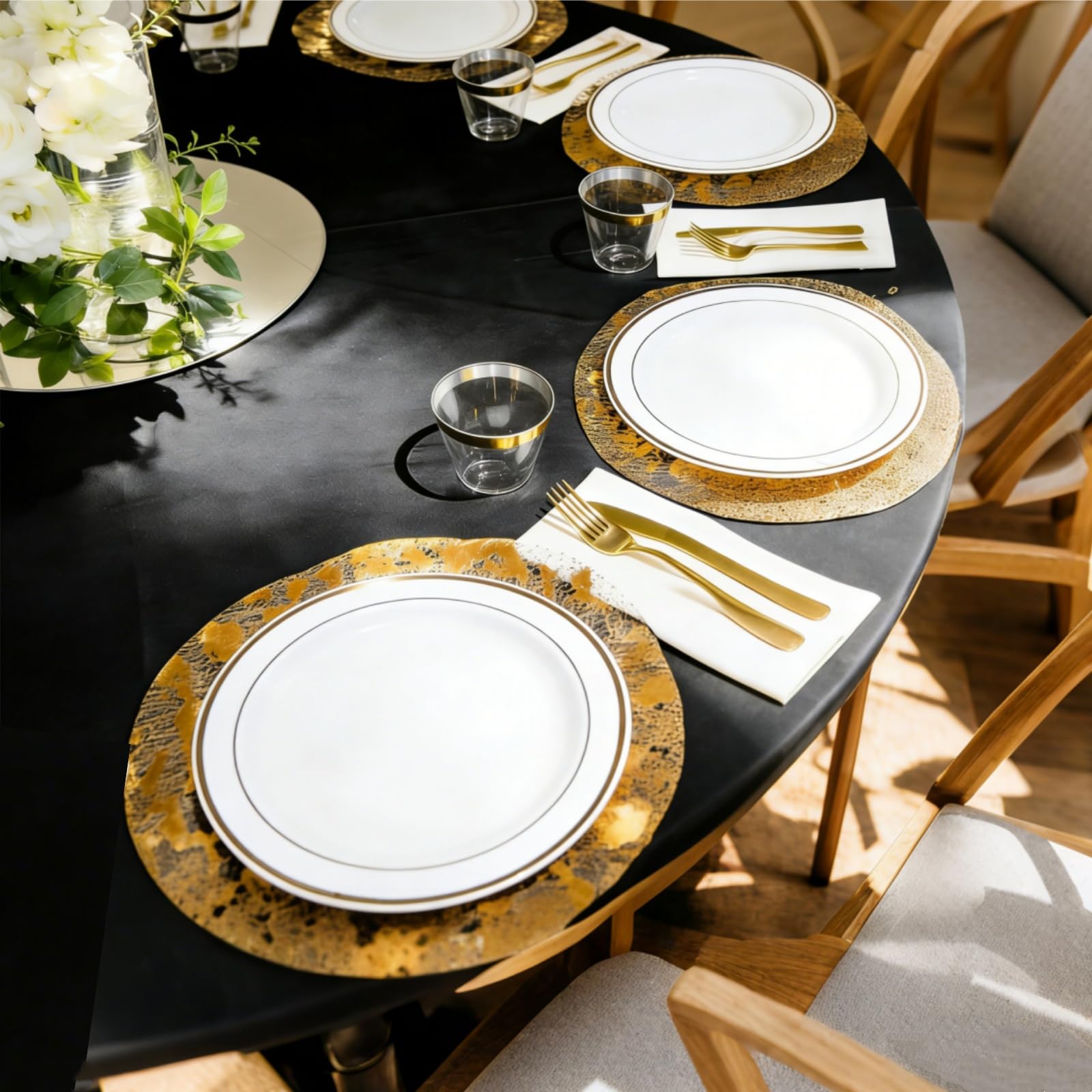 ZAVOOS 100 manteles individuales dorados desechables redondos de aluminio de 33 cm a granel, de malla metálica prensada, para decoración del hogar, mesa de comedor, fiesta de cumpleaños, boda