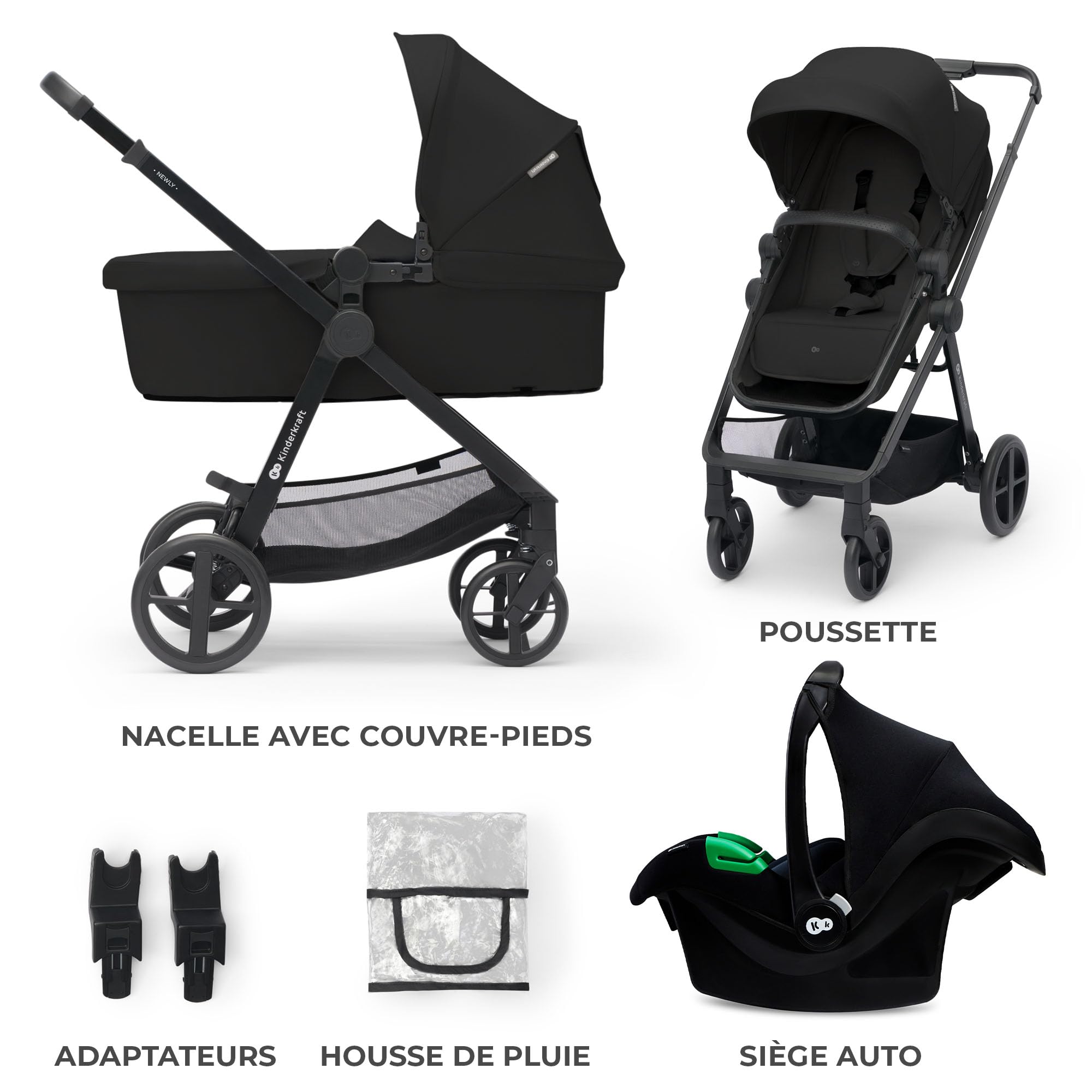 Kinderkraft NEWLY 3 en 1 Poussette, Avec Siège Auto MINK PRO I-Size 2 en 1 360 degrés, Poussette Canne, Trio, SYSTÈME DE VOYAGE, Landau Bébé, Accessoires, Adaptateurs, Nacelle, Jusqu’à 22 kg, Noir